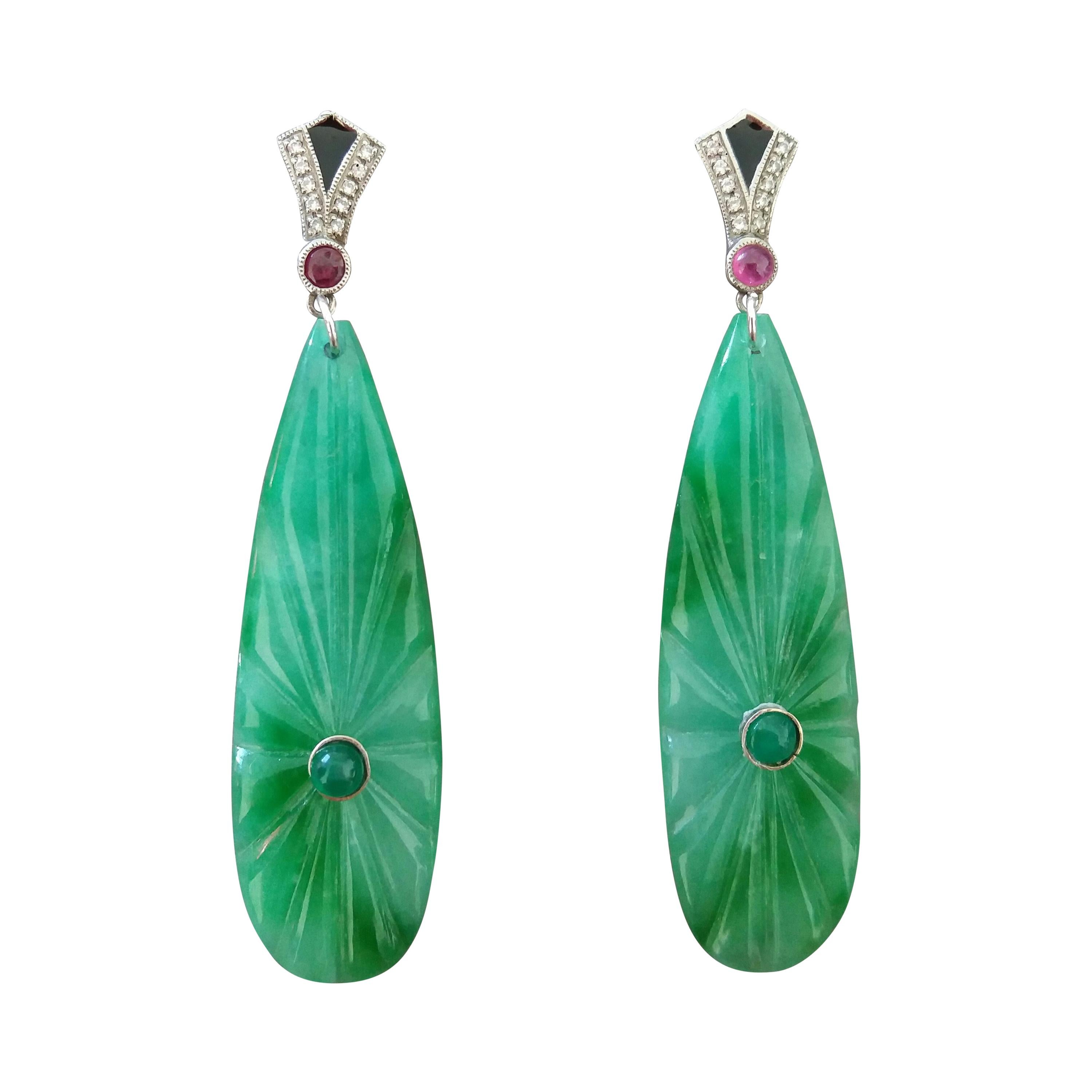 Art Deco Style Gold Rubies Emeralds Diamonds Black Enamel Jade Dangle Earrings For Sale