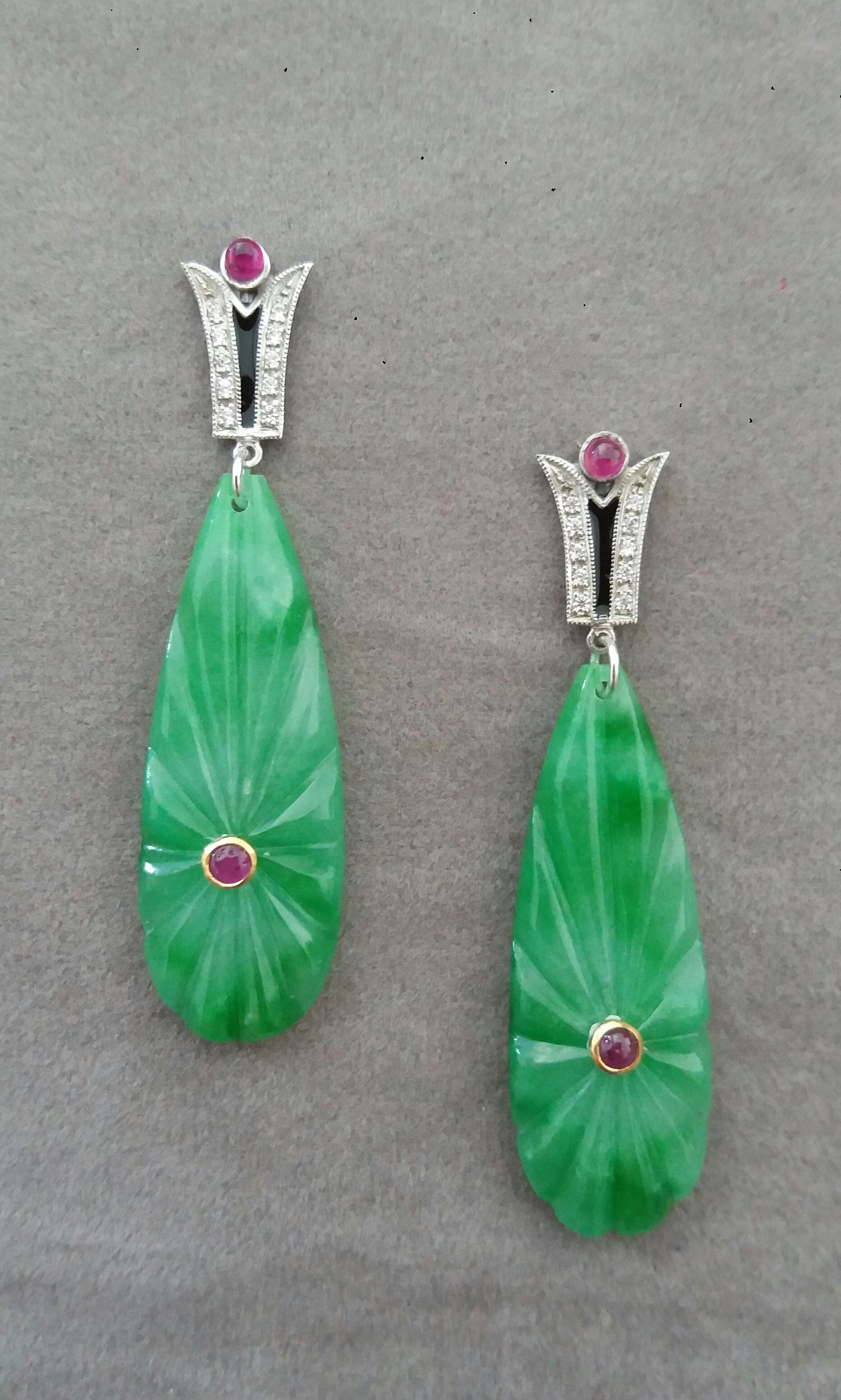 Mixed Cut Art Deco Style Gold Rubies Emeralds Onyx Diamonds Enamel Jade Dangle Earrings For Sale
