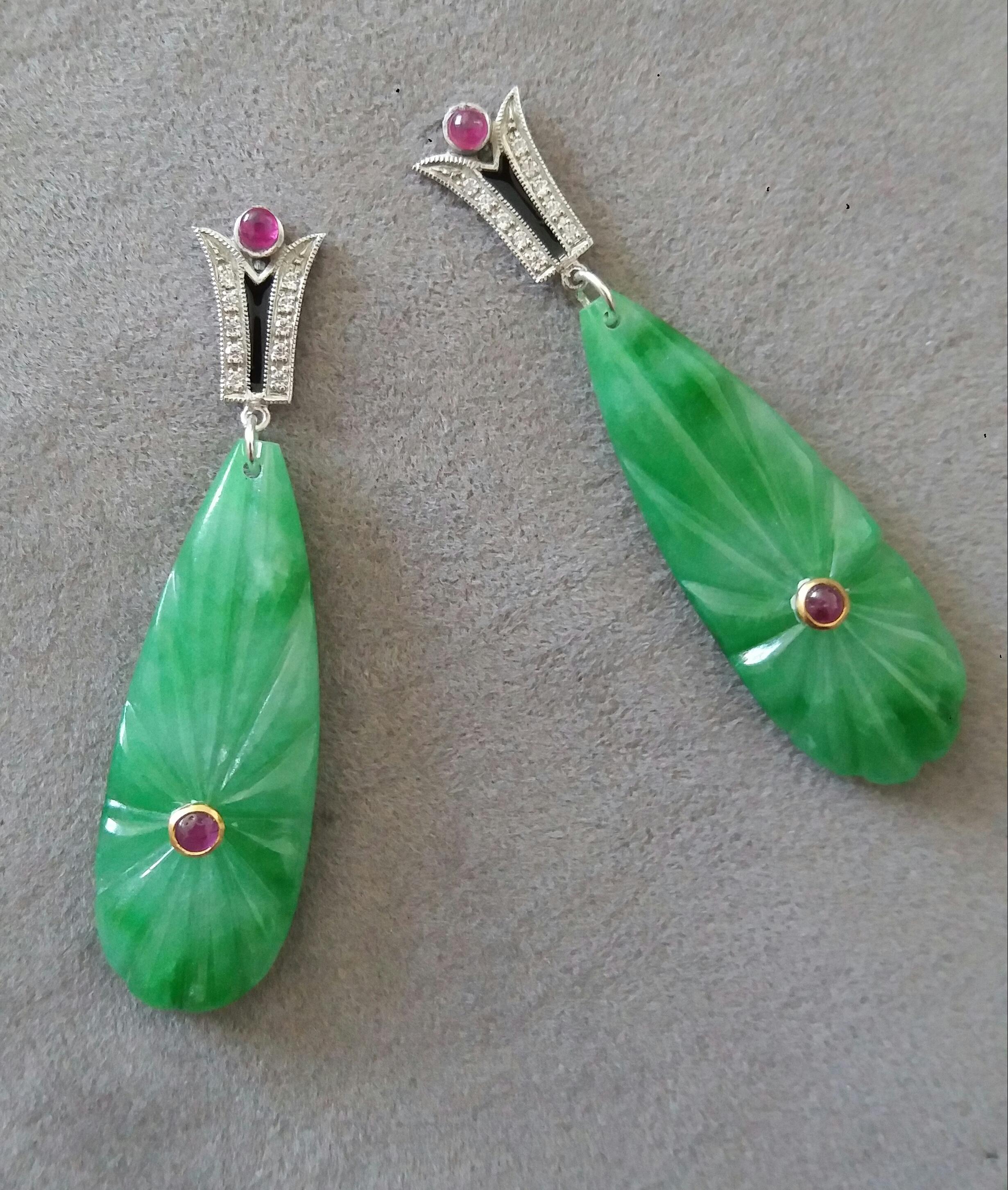Art Deco Style Gold Rubies Emeralds Onyx Diamonds Enamel Jade Dangle Earrings In Good Condition For Sale In Bangkok, TH