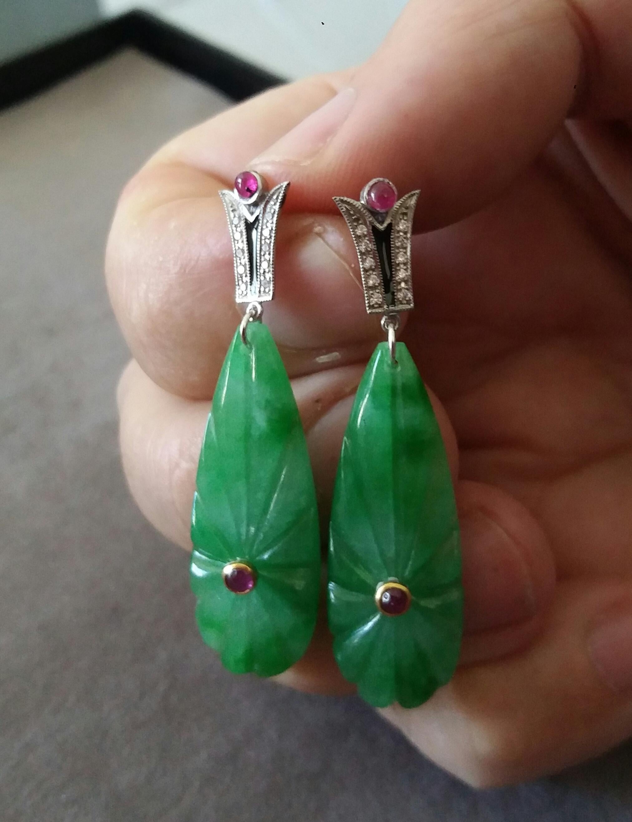 Art Deco Style Gold Rubies Emeralds Onyx Diamonds Enamel Jade Dangle Earrings For Sale 1