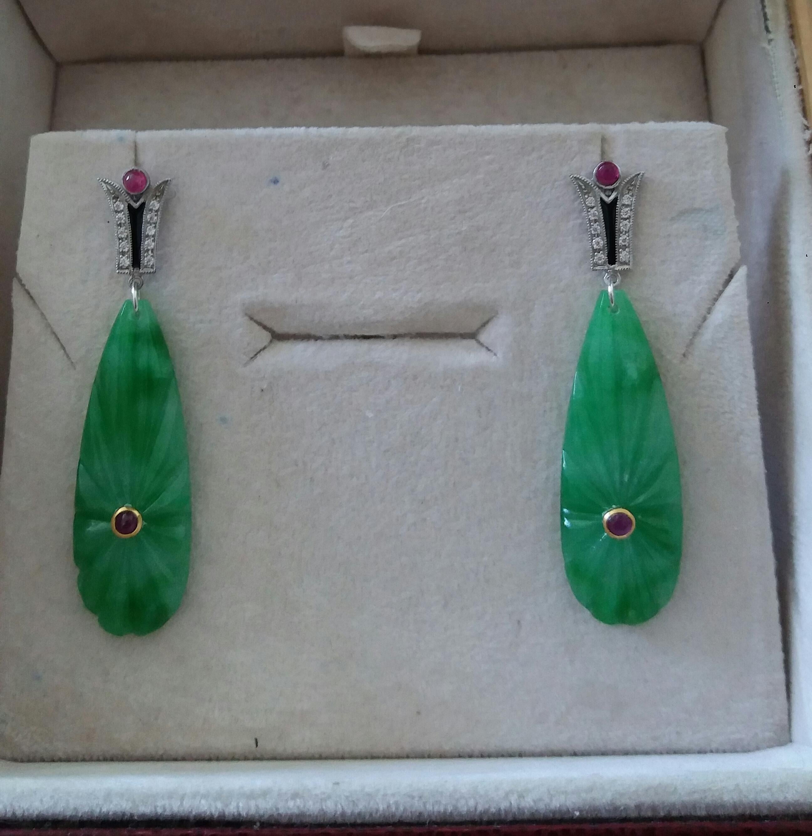 Art Deco Style Gold Rubies Emeralds Onyx Diamonds Enamel Jade Dangle Earrings For Sale 2