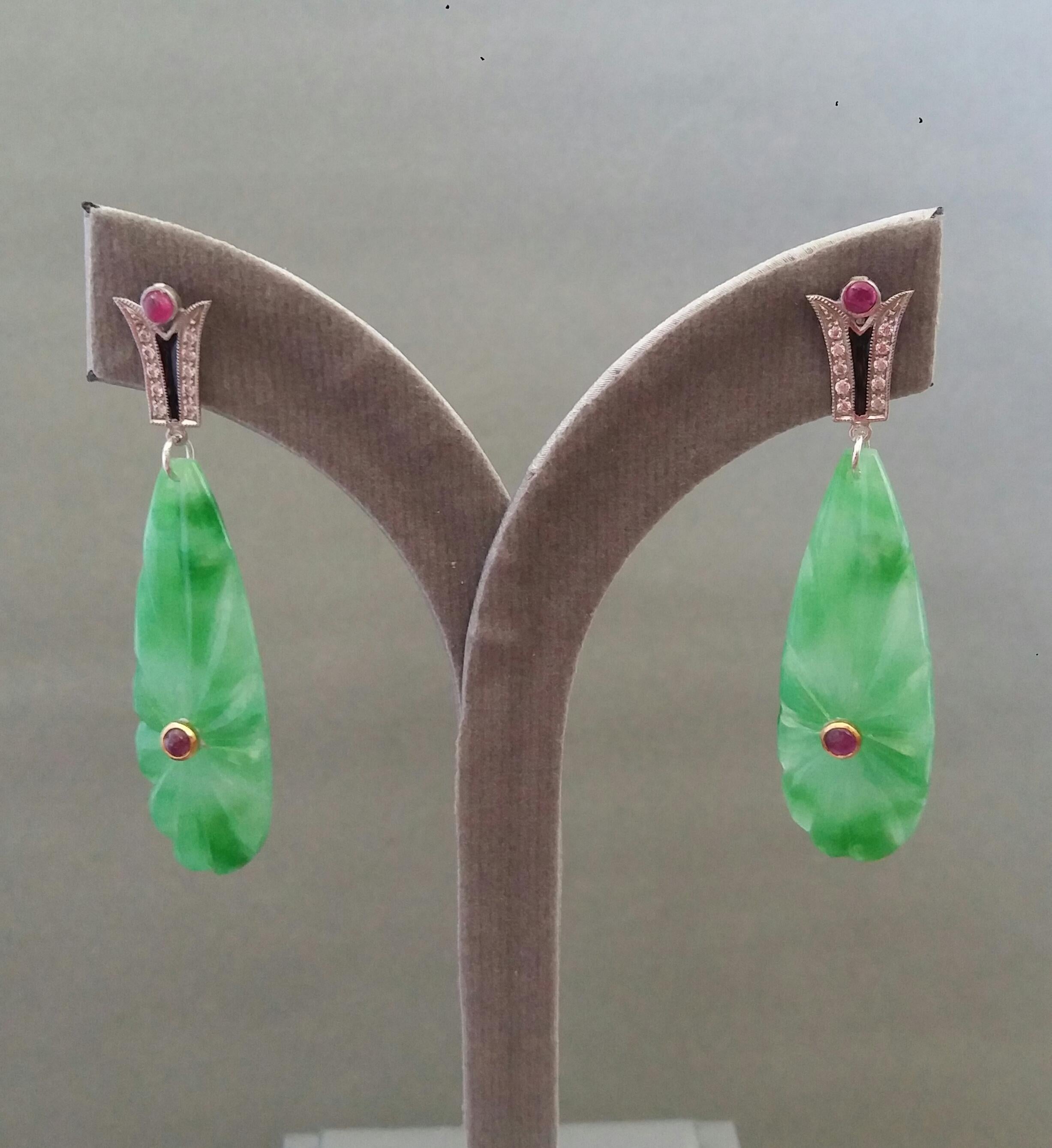 Art Deco Style Gold Rubies Emeralds Onyx Diamonds Enamel Jade Dangle Earrings For Sale 4