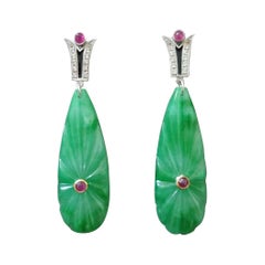 Vintage Art Deco Style Gold Rubies Emeralds Onyx Diamonds Enamel Jade Dangle Earrings