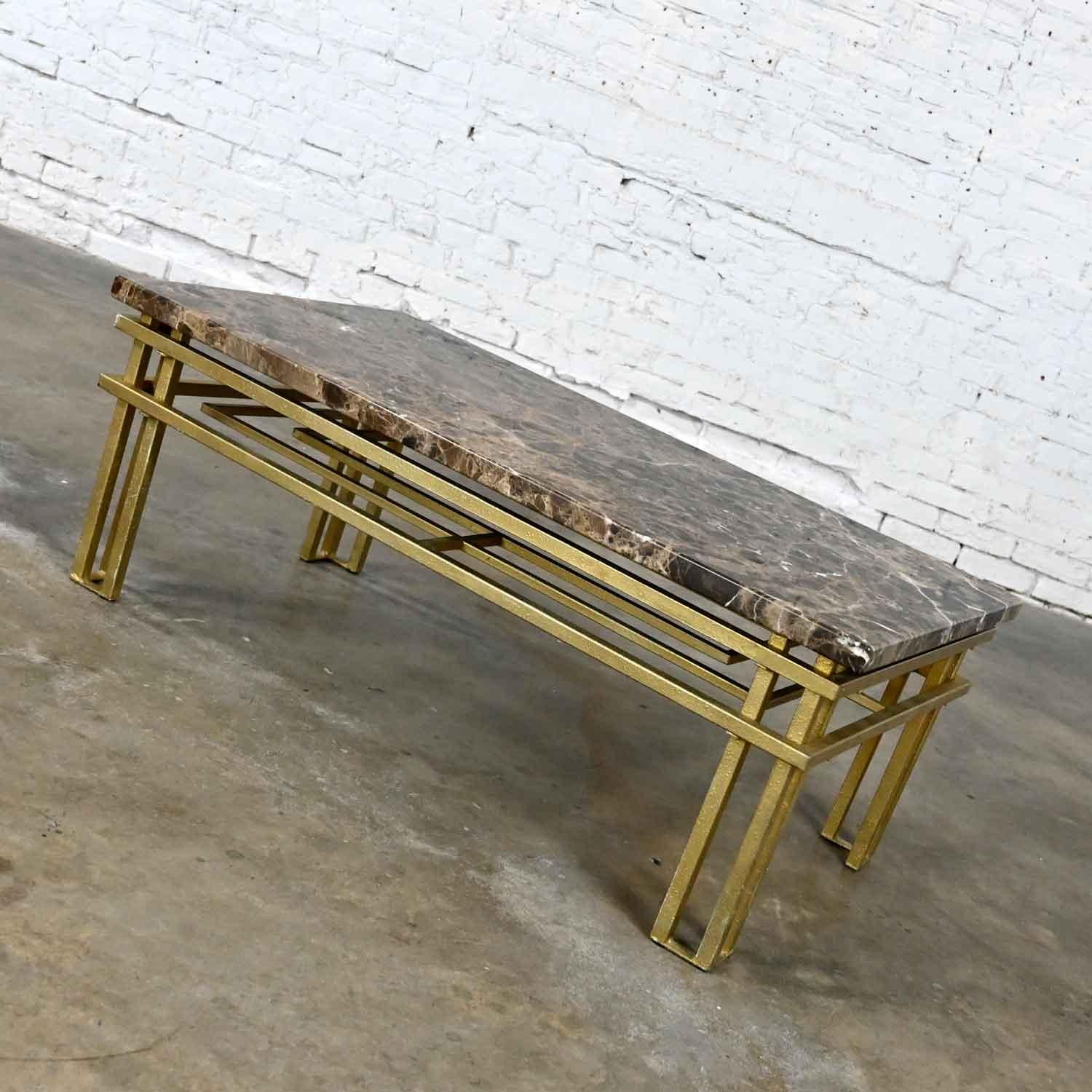 Stunning Art Deco style gold painted steel tube coffee table with rectangle glass or brown marble top. Beautiful condition, keeping in mind that this is vintage and not new so will have signs of use and wear. Some nicks have been touched up on the