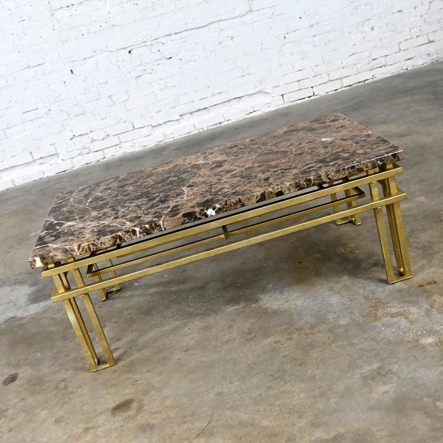 Unknown Art Deco Style Gold Steel Tube Rectangle Coffee Table Glass or Brown Marble Top