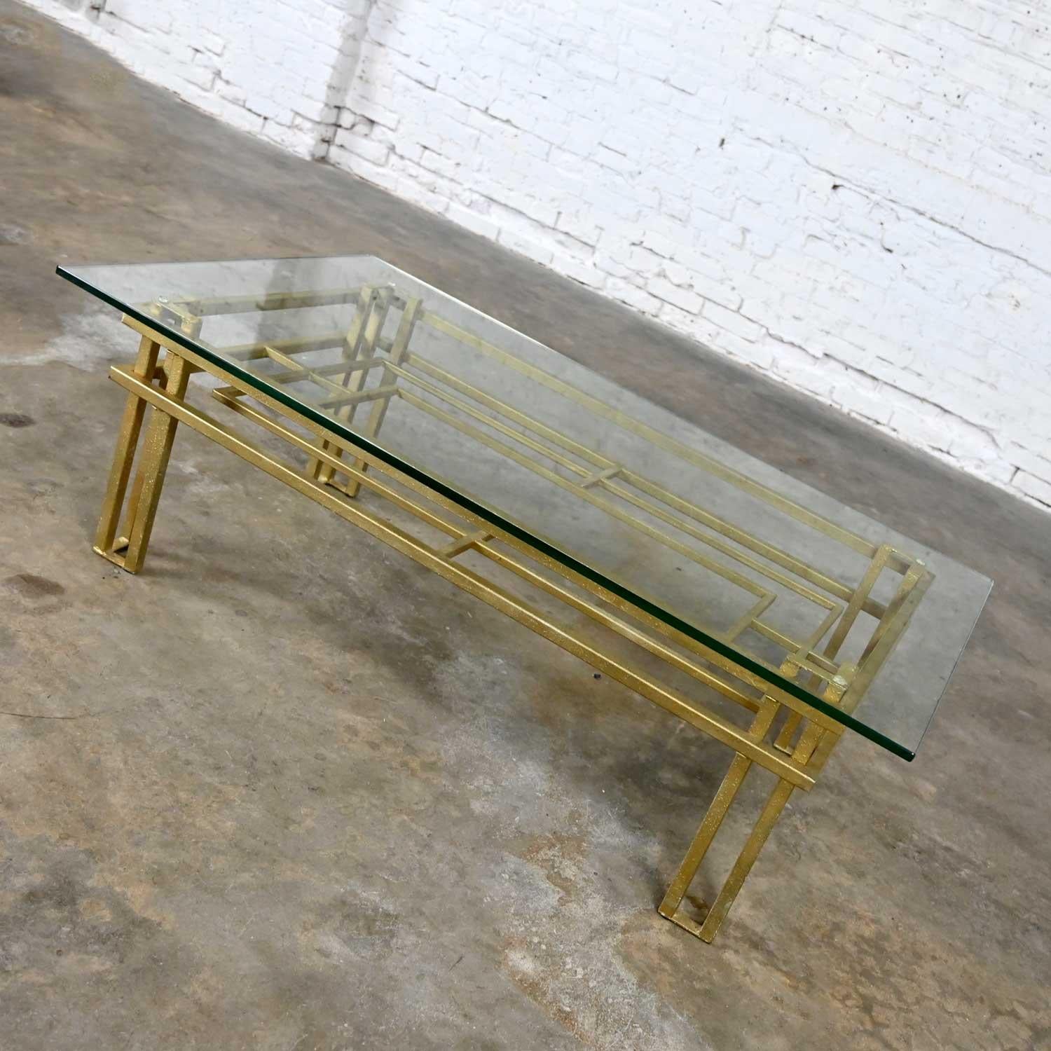 Art Deco Style Gold Steel Tube Rectangle Coffee Table Glass or Brown Marble Top In Good Condition In Topeka, KS