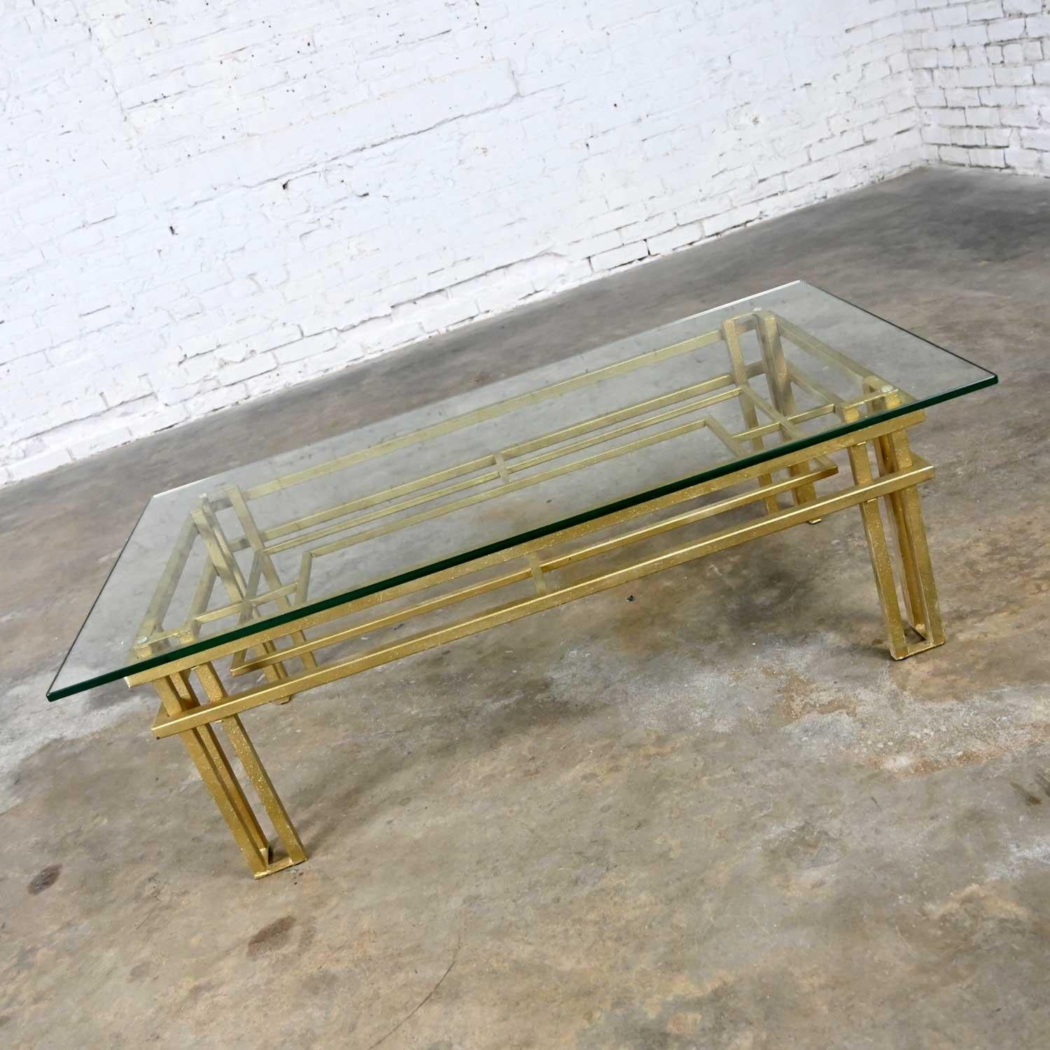 20th Century Art Deco Style Gold Steel Tube Rectangle Coffee Table Glass or Brown Marble Top