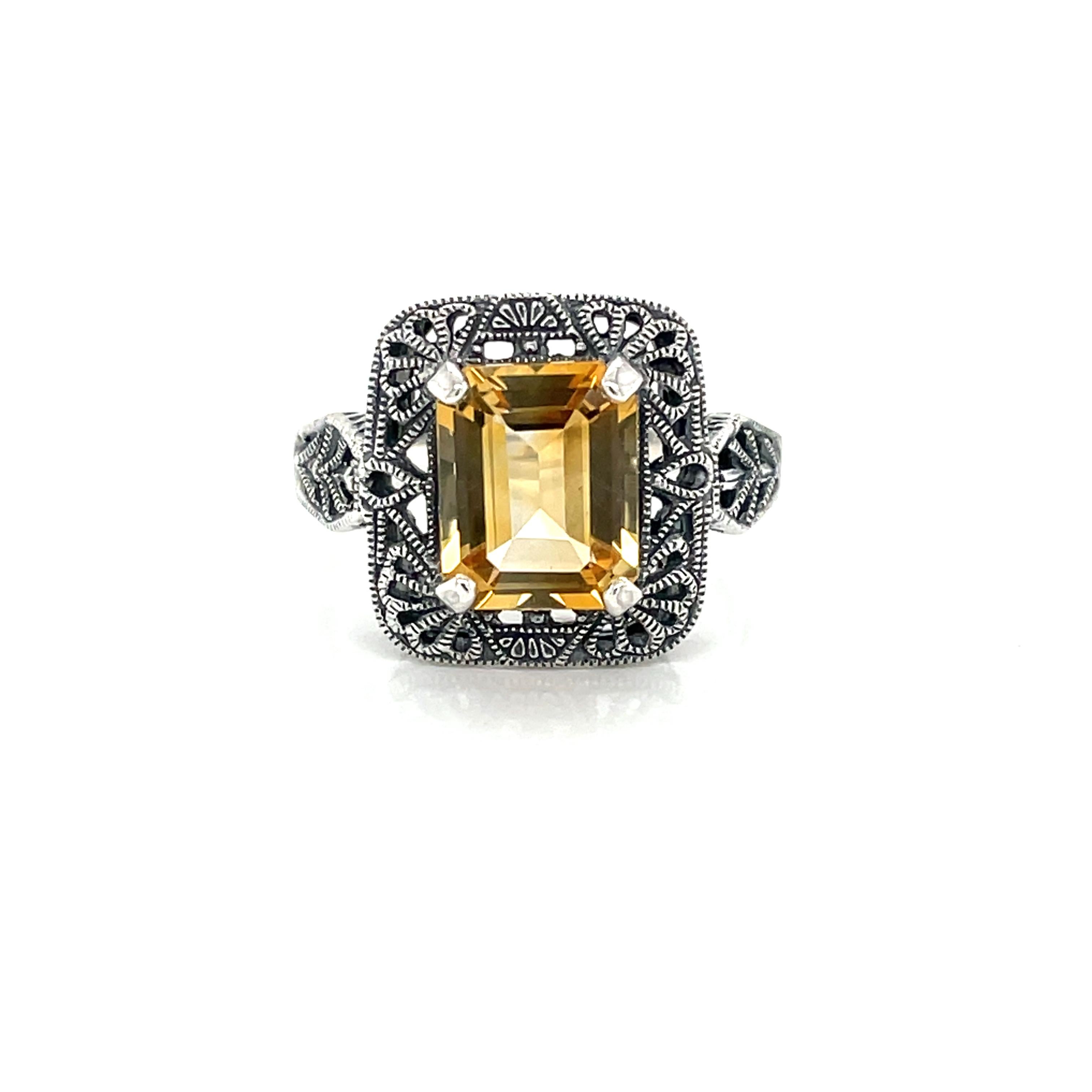 Emerald Cut Art Deco Style Golden Citrine Sterling Silver Filigree Ring For Sale