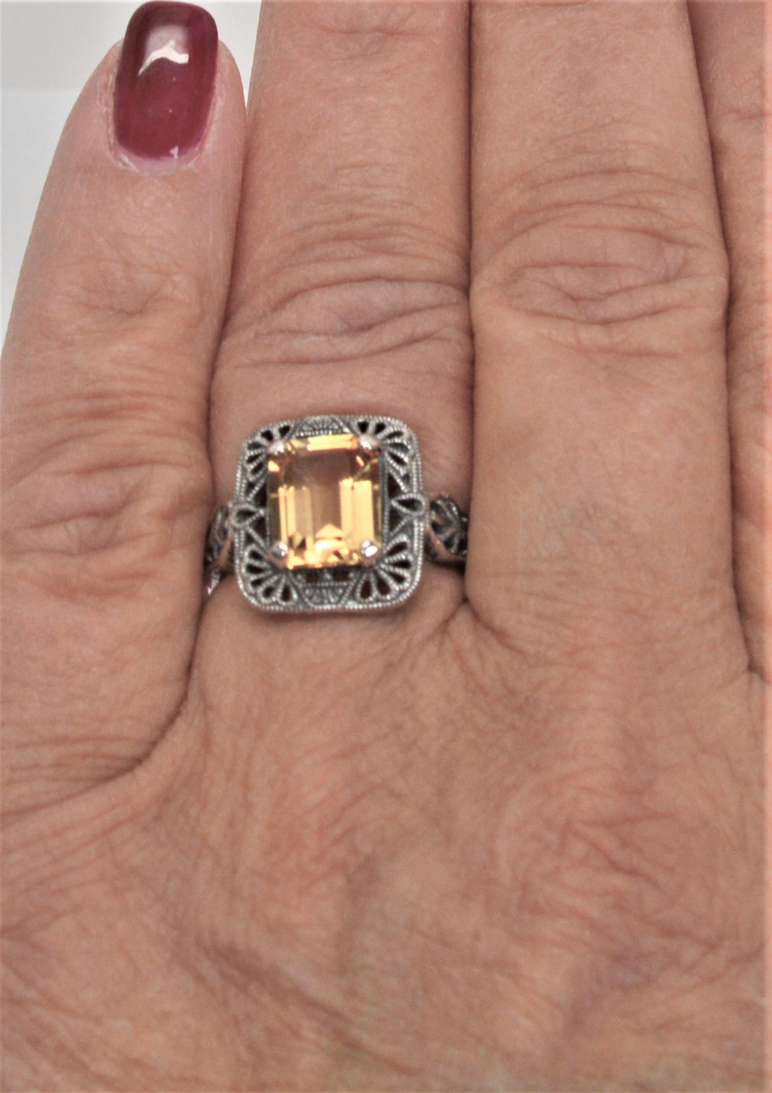 Art Deco Style Golden Citrine Sterling Silver Filigree Ring In New Condition For Sale In Mount Kisco, NY