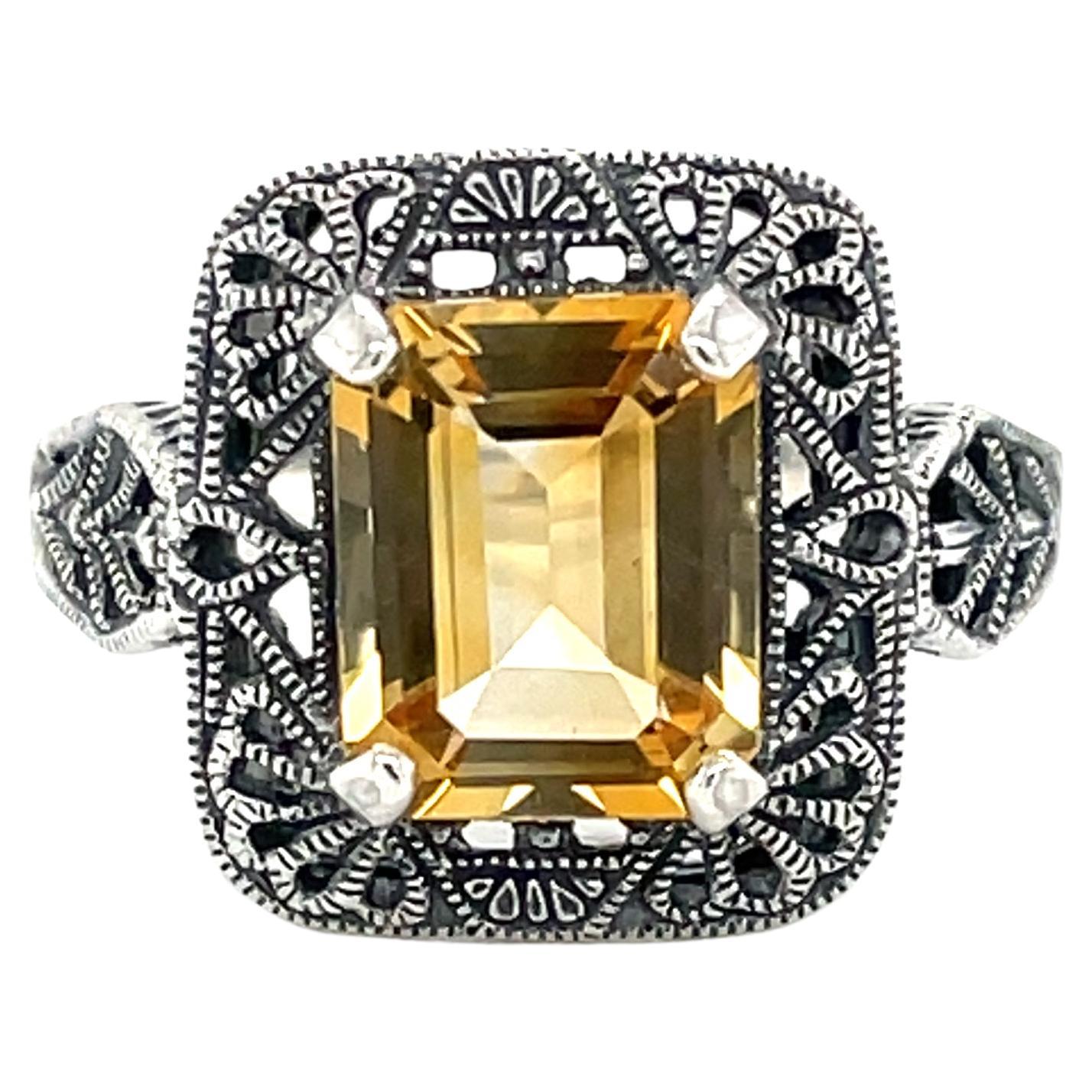 Art Deco Style Golden Citrine Sterling Silver Filigree Ring For Sale