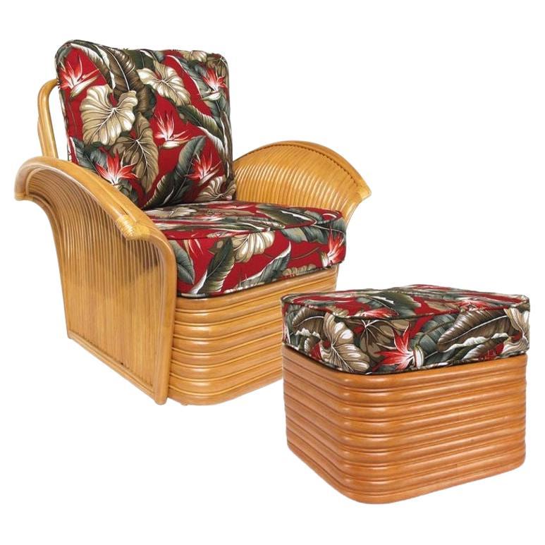 Art Deco Style "Golden Girls" Rattan Fan Arm Lounge Chair w/ Ottoman Set