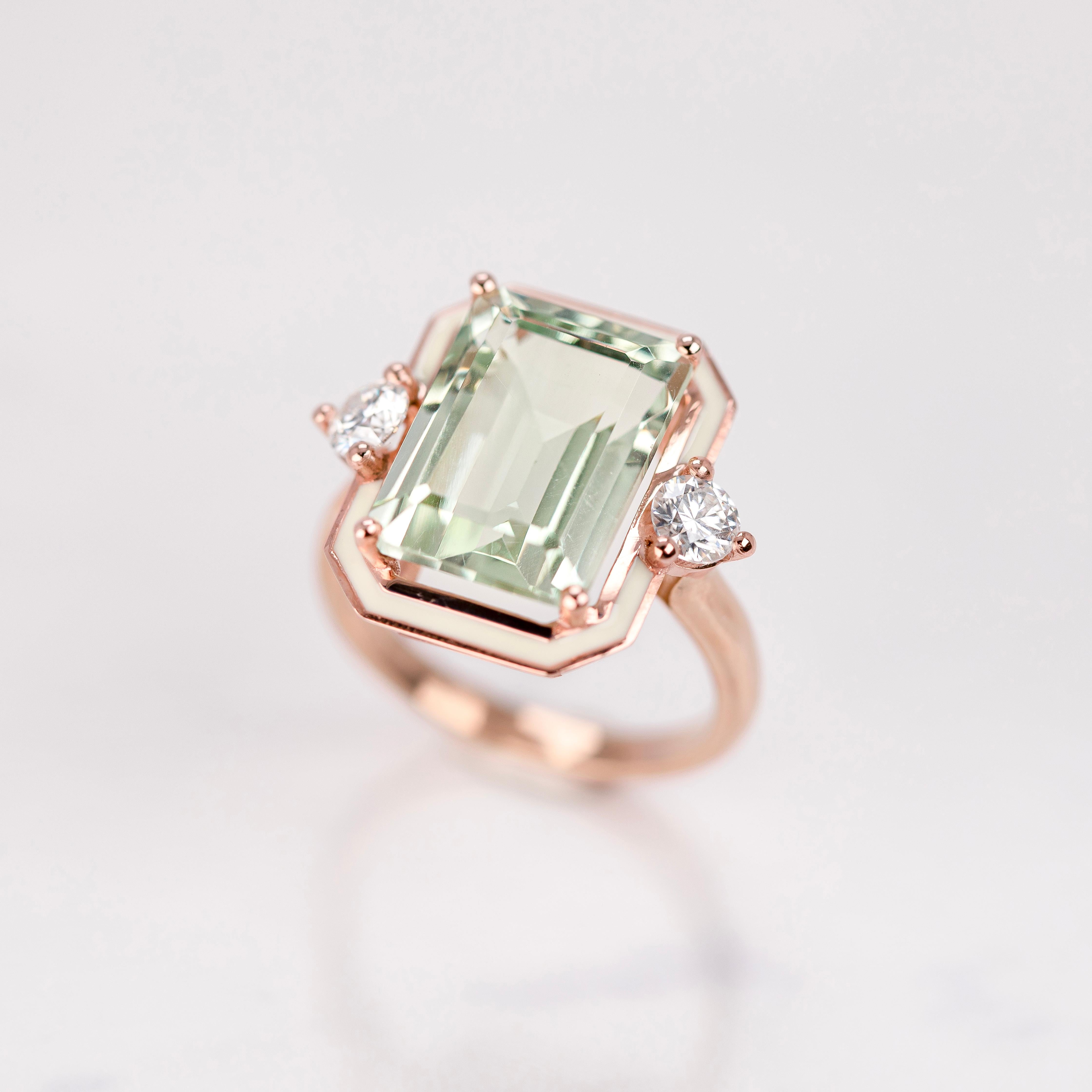 Art Deco Cocktail Rings, Green Amethyst Stone Ring, Moissanite, 14K Gold Ring, Gemstone For Sale
