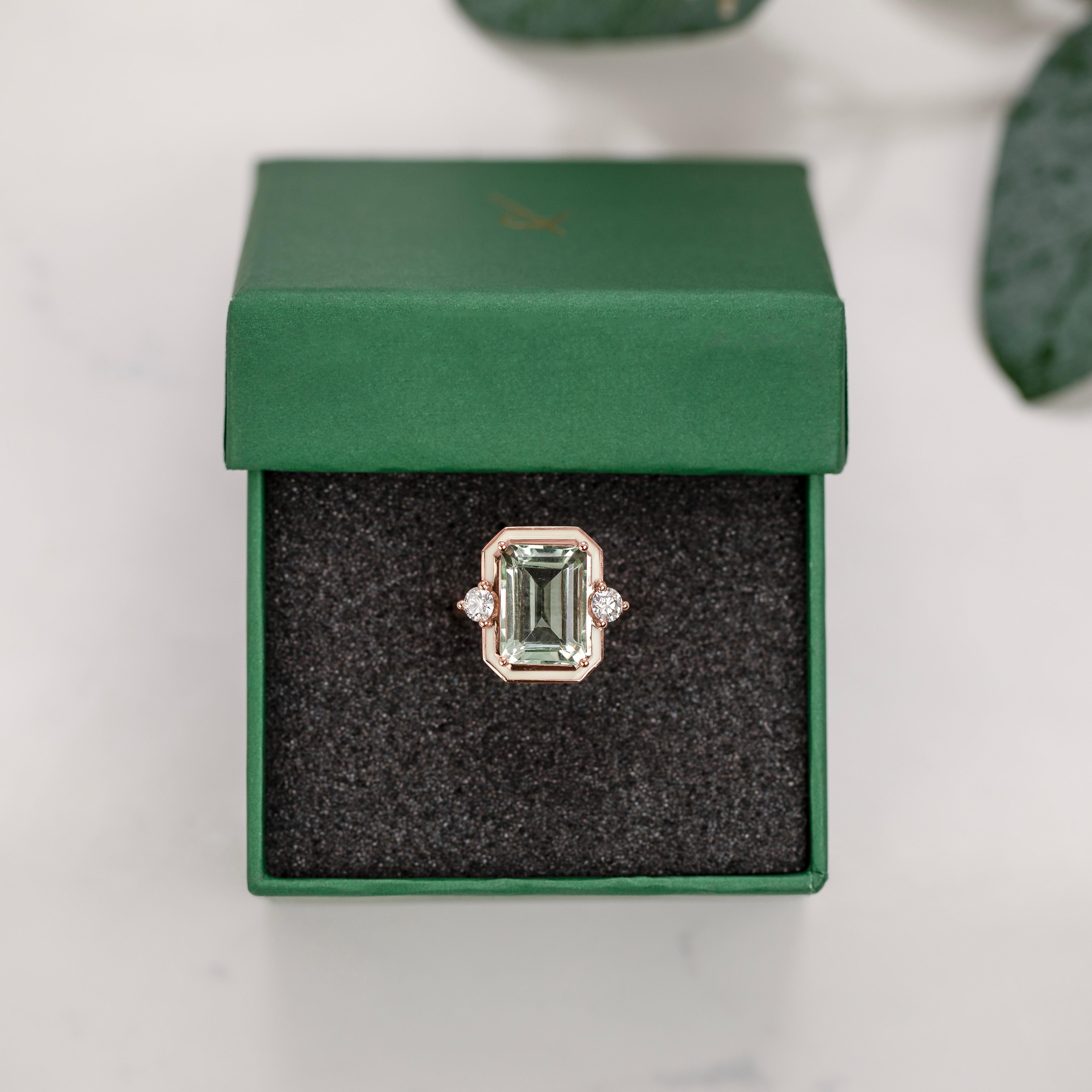Art Deco Style, Green Amethyst Stone and Moissanite Ring, 925 sterling silver For Sale 5