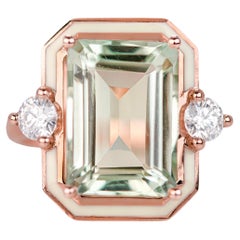 Art Deco Style, Green Amethyst Stone and Moissanite Ring, 925 sterling silver