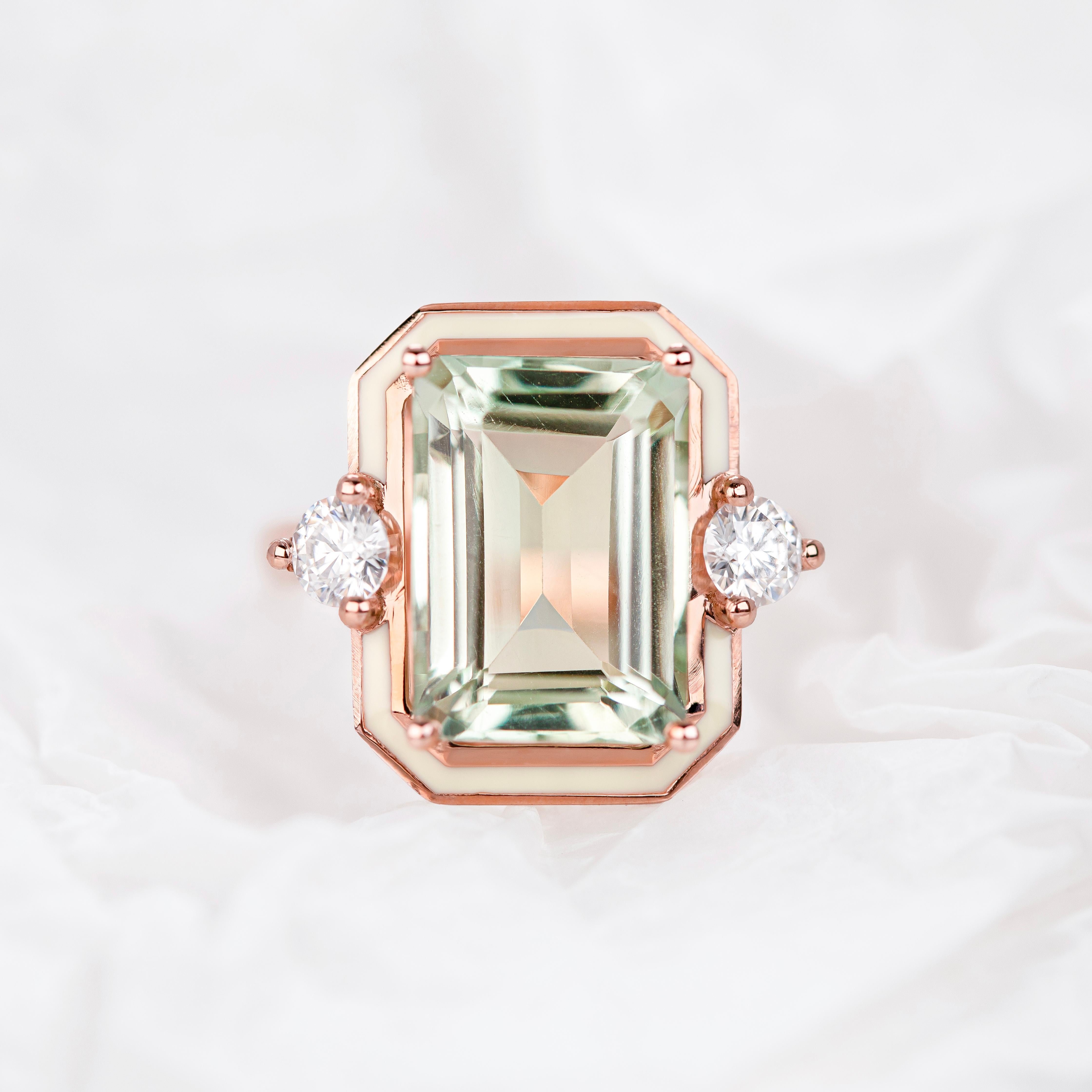 Art Deco Style, Green Amethyst Stone and Moissanite Ring, 925 sterling silver For Sale 1