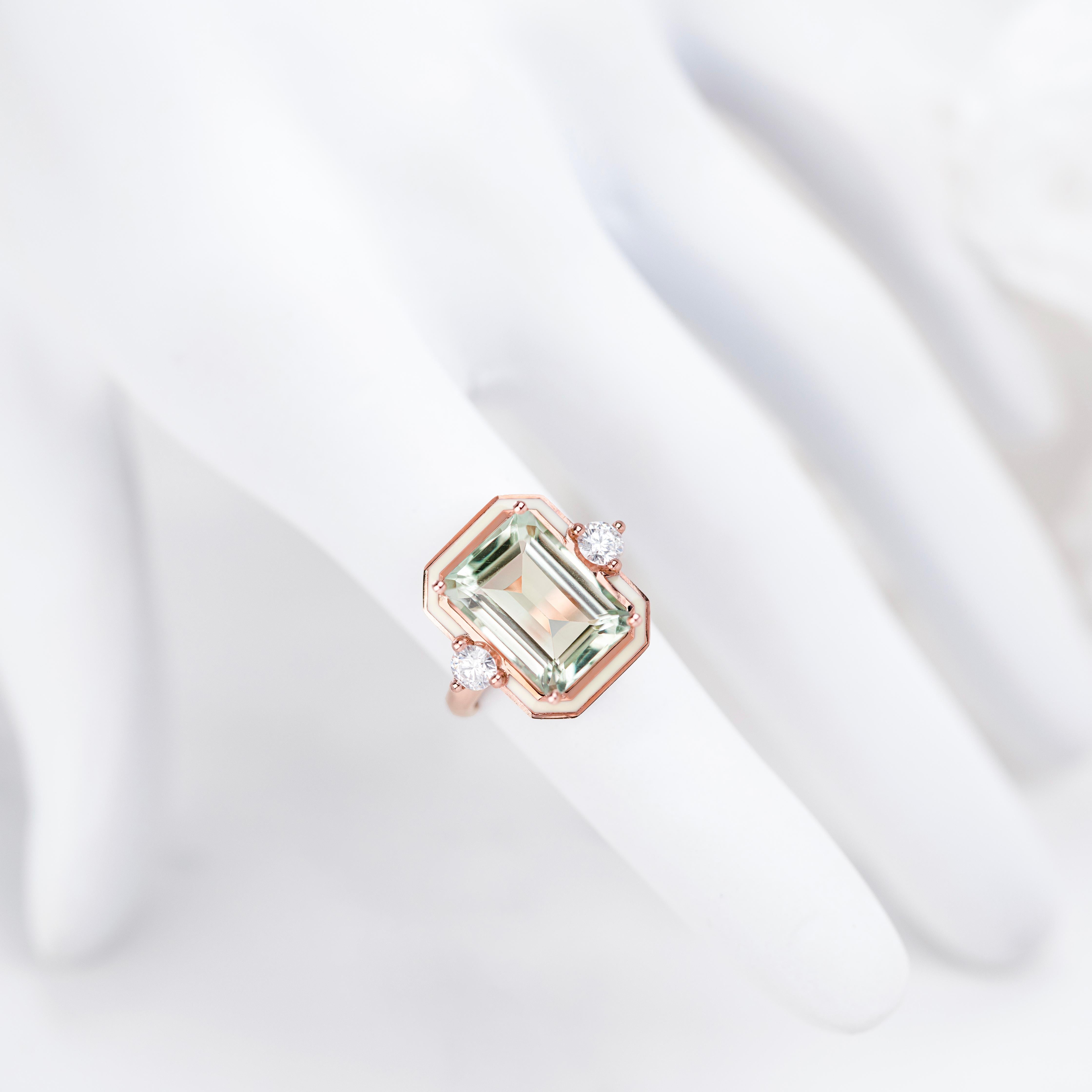 Art Deco Style, Green Amethyst Stone and Moissanite Ring, 925 sterling silver For Sale 2