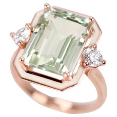 Art Deco Style, Green Amethyst Stone and Moissanite Ring, 925 sterling silver