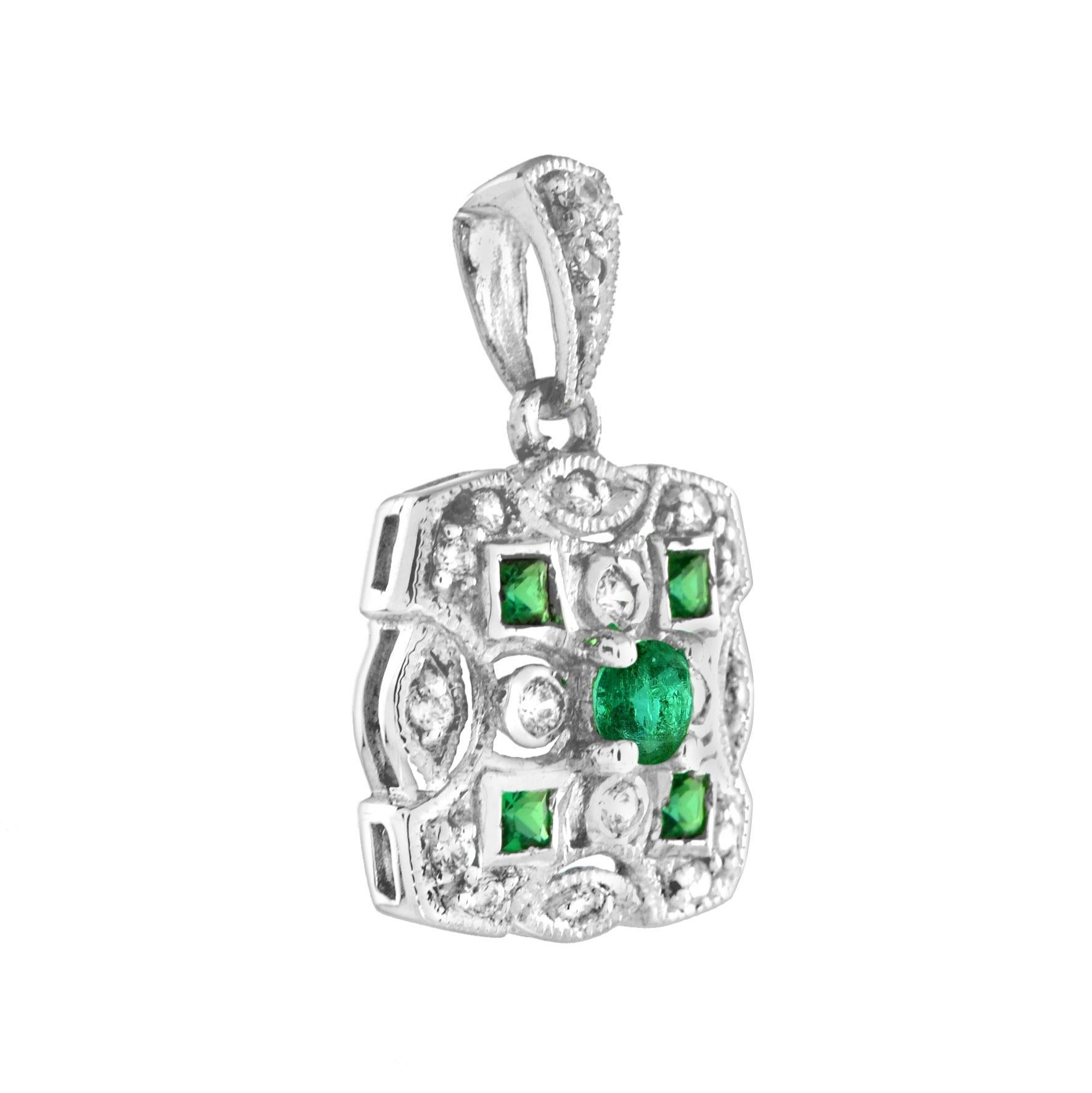 Art Deco style emerald and diamond square cluster pendant. Centrally set with round emerald in a prong setting, set to corners with emeralds in millgrain setting and further enhanced with round cut diamonds. 14K White Gold. 
Information
Width: