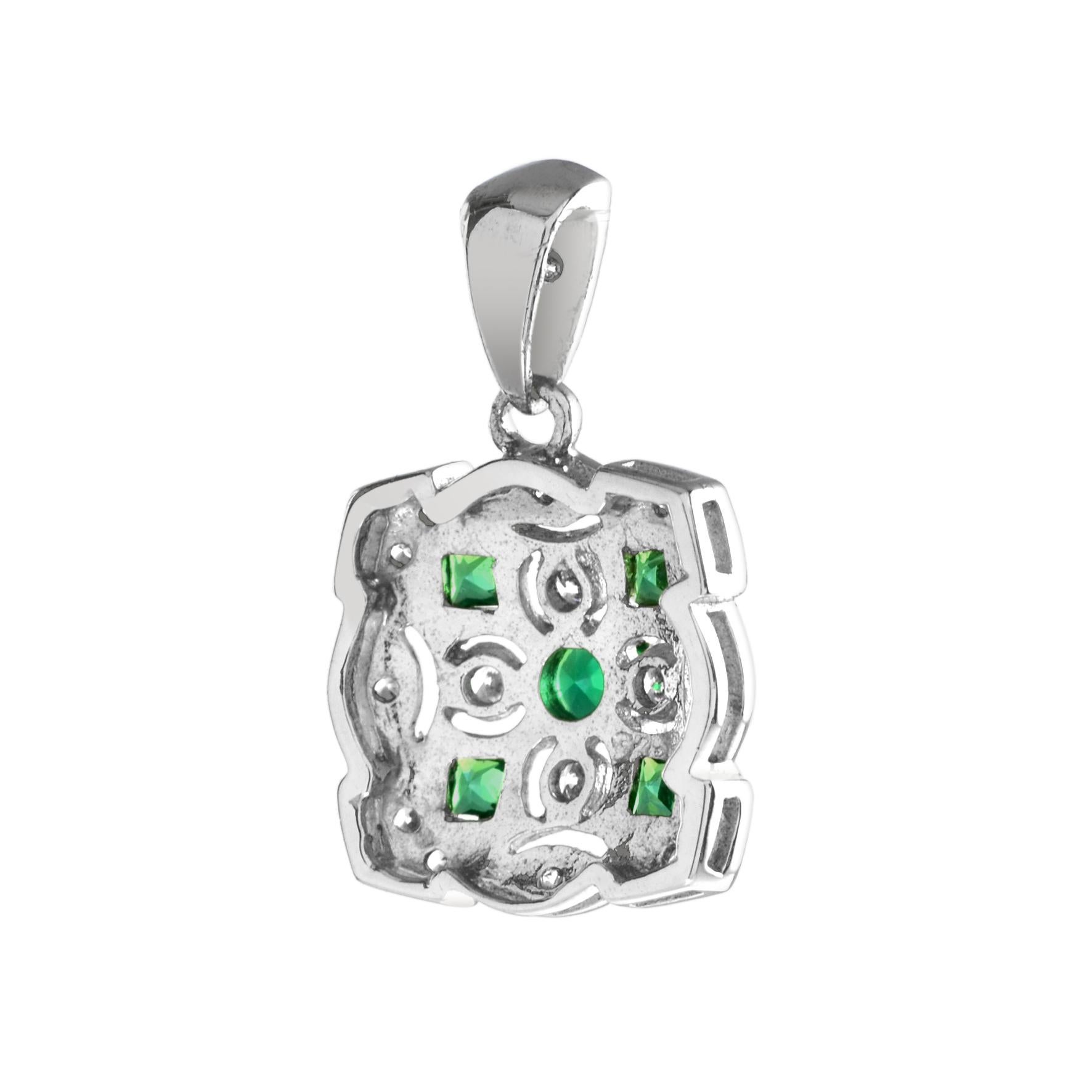 Round Cut Art Deco Style Green Emerald Diamond Cluster Vintage Inspired White Gold Pendant For Sale
