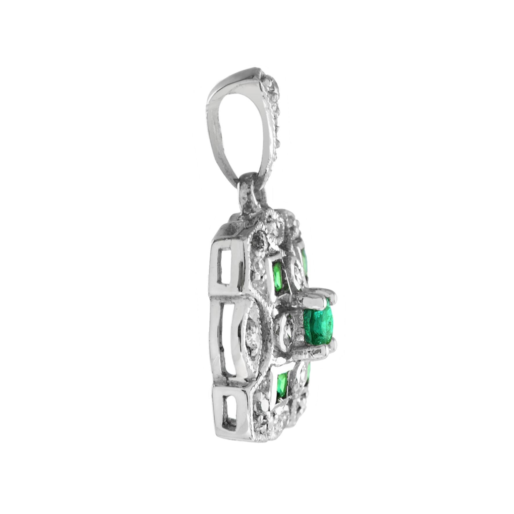 Art Deco Style Green Emerald Diamond Cluster Vintage Inspired White Gold Pendant In New Condition For Sale In Oakton, VA