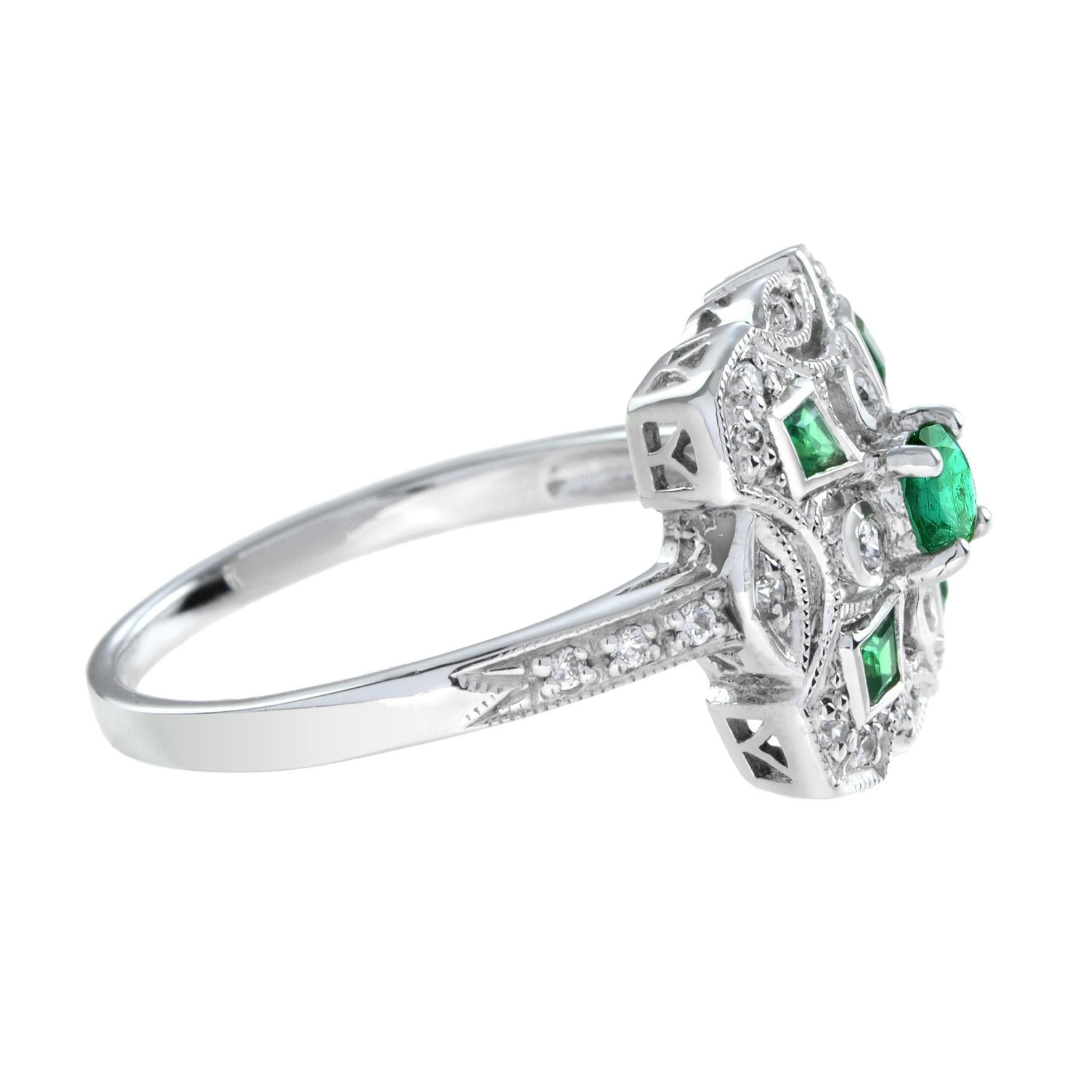 Round Cut Art Deco Style Green Emerald & Diamond Cluster Vintage Inspired White Gold Ring For Sale