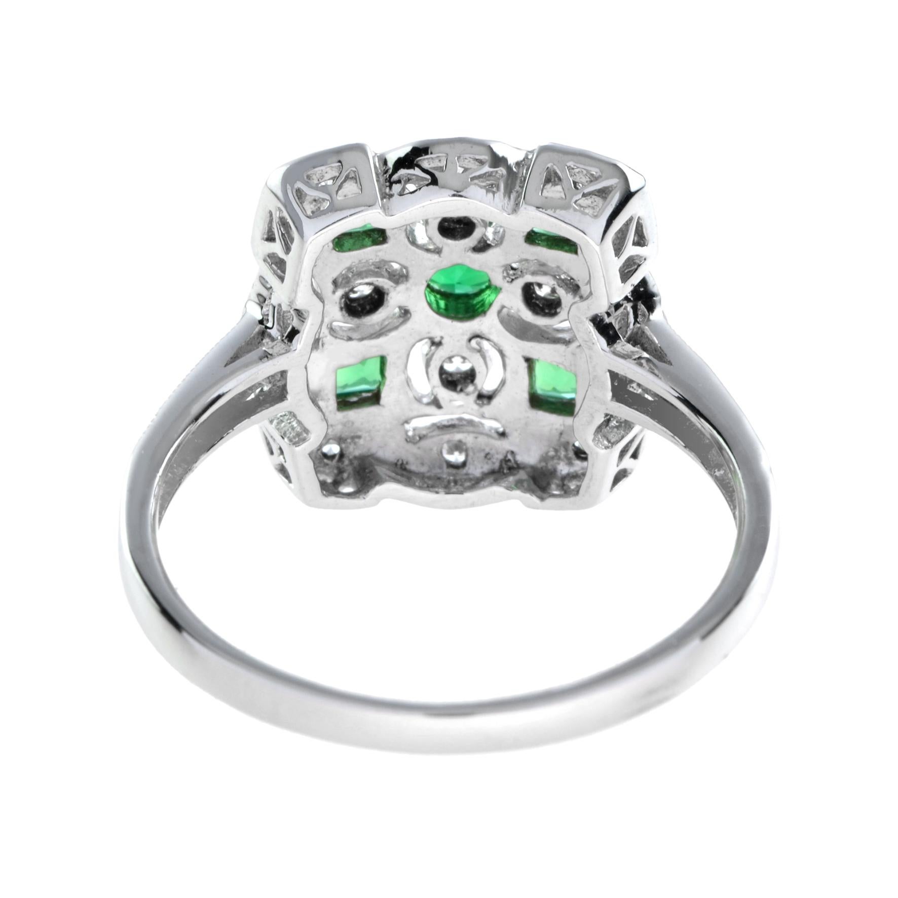 Art Deco Style Green Emerald & Diamond Cluster Vintage Inspired White Gold Ring In New Condition For Sale In Oakton, VA