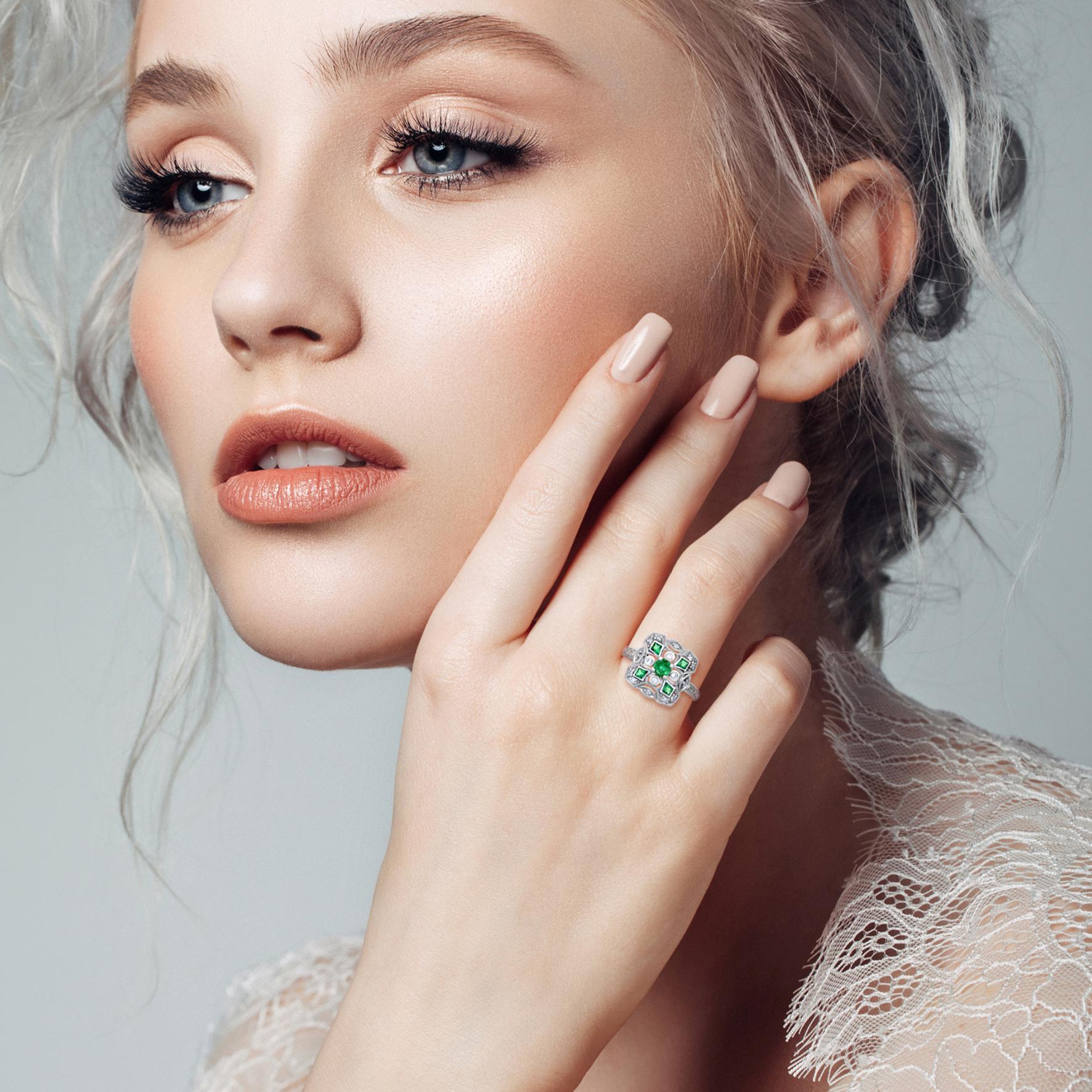 Women's Art Deco Style Green Emerald & Diamond Cluster Vintage Inspired White Gold Ring For Sale