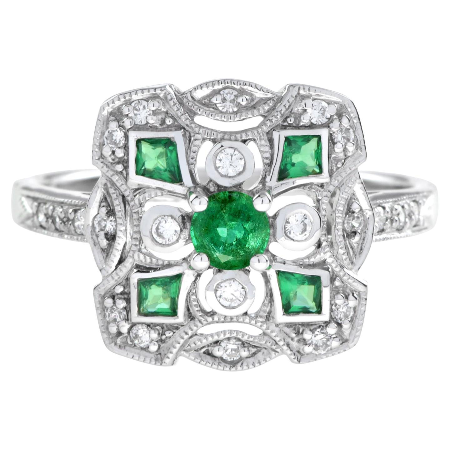 Art Deco Style Green Emerald & Diamond Cluster Vintage Inspired White Gold Ring For Sale