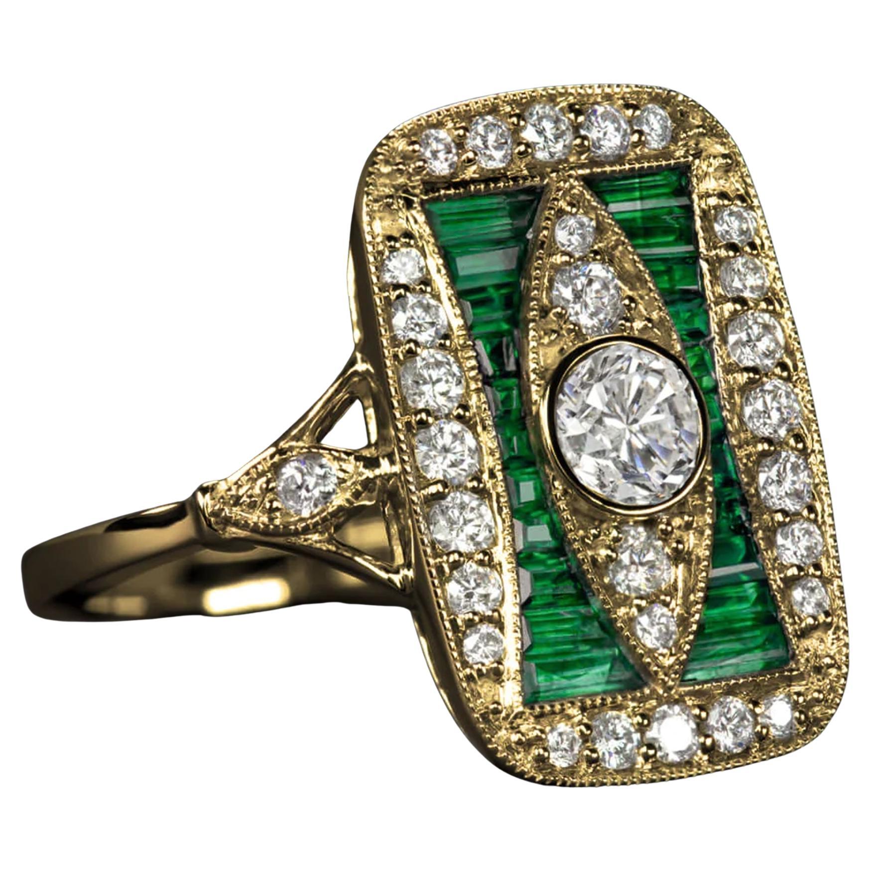 This exquisite ring showcases the timeless beauty of Art Deco design, featuring a dazzling combination of natural diamonds and emerald gemstones.

Key Features:

The centerpiece of this ring is a vibrant 0.25-carat round-cut diamond, which serves as