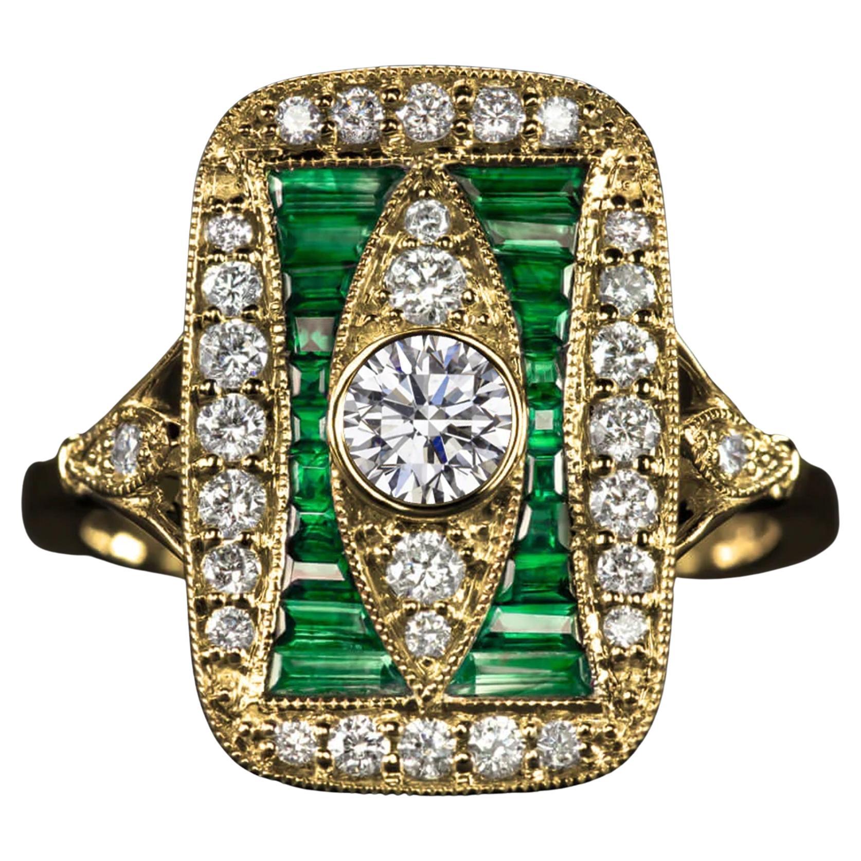 Old Mine Cut Art Deco Style Green Emeralds Diamond Yellow Gold Ring For Sale