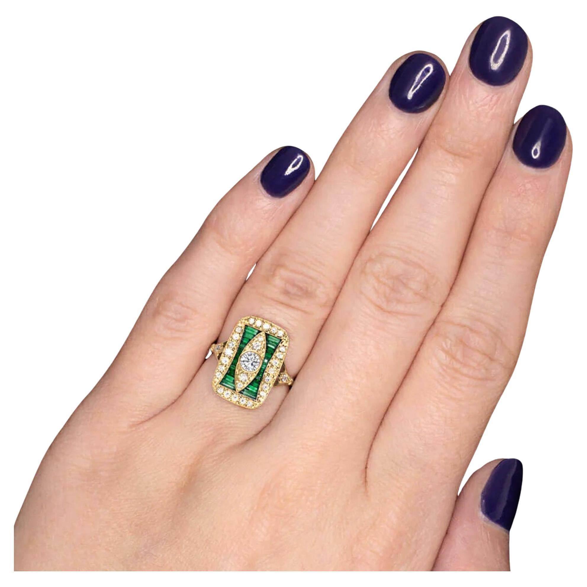 Art Deco Style Green Emeralds Diamond Yellow Gold Ring For Sale