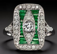Art Deco Style Green Emeralds Old Mine Cut Diamond Cocktail Ring