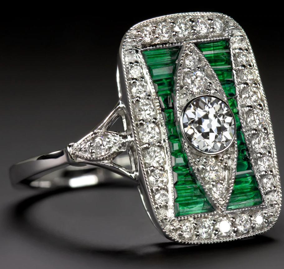 Art Deco Style Green Emeralds Old Mine Cut Diamond Cocktail Ring In New Condition For Sale In Chicago, IL