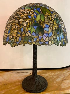 Art Deco Style Green Floral Tiffany Form Table Lamp on Bronze Base