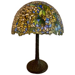 Retro Art Deco Style Green Floral Tiffany Form Table Lamp on Bronze Base