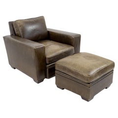 Art Deco Style Green Leather Club Chair & Ottoman