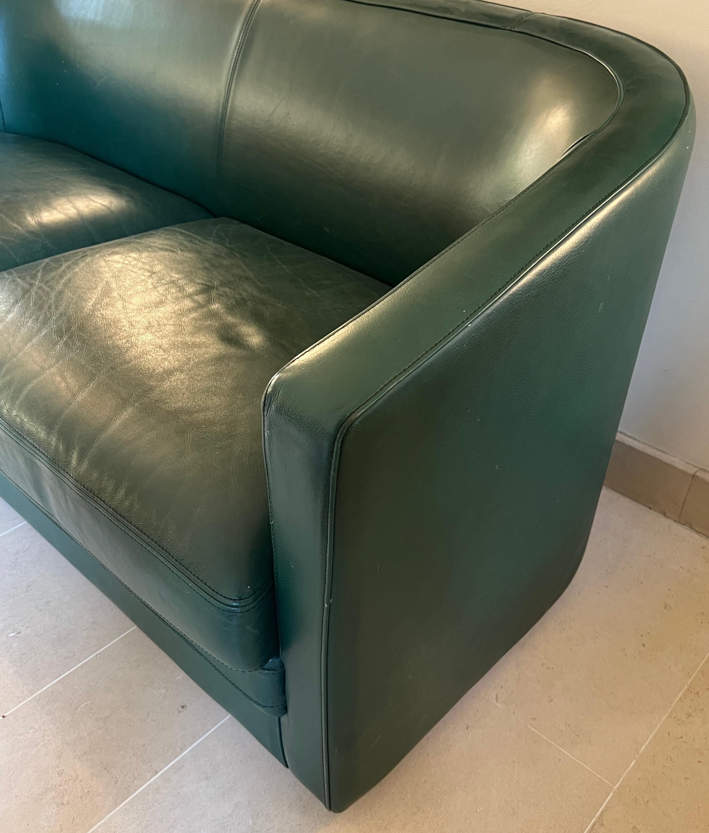 20th Century Art Deco Style Green Leather Three Seats Sofa. Circa 1980 For Sale