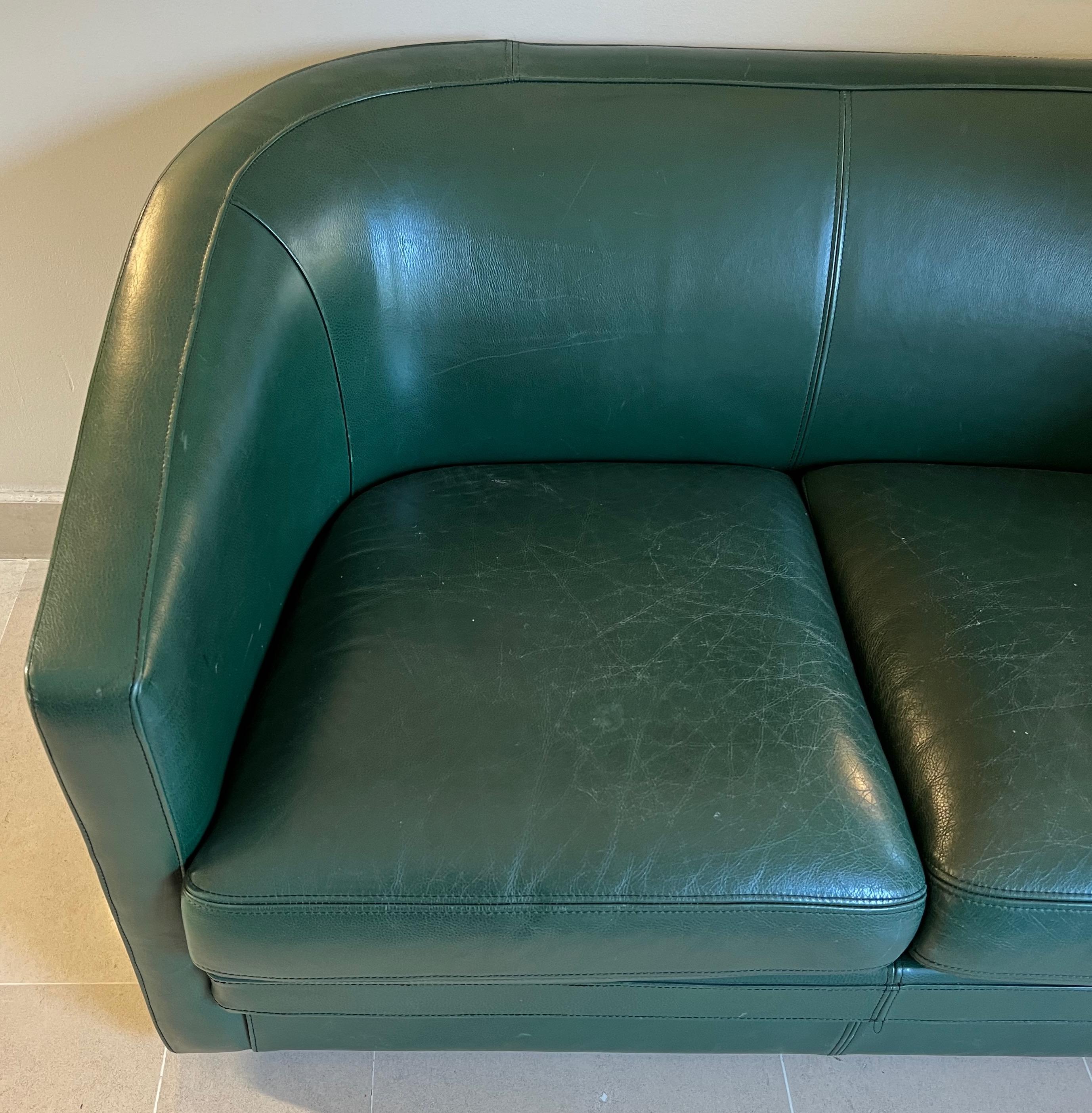 French Art Deco Style Green Leather Two Seats Sofa. Circa 1980