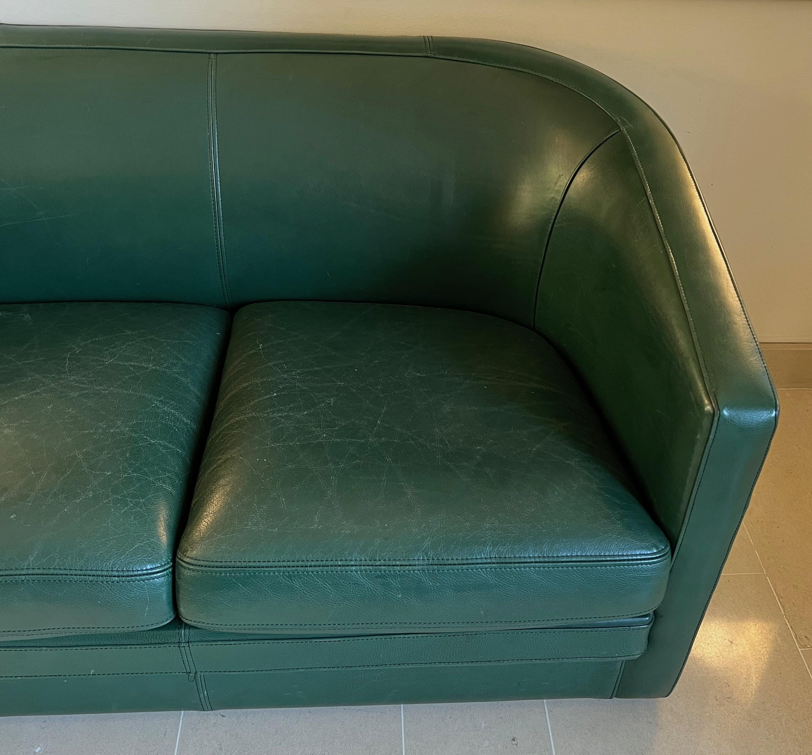 20th Century Art Deco Style Green Leather Two Seats Sofa. Circa 1980