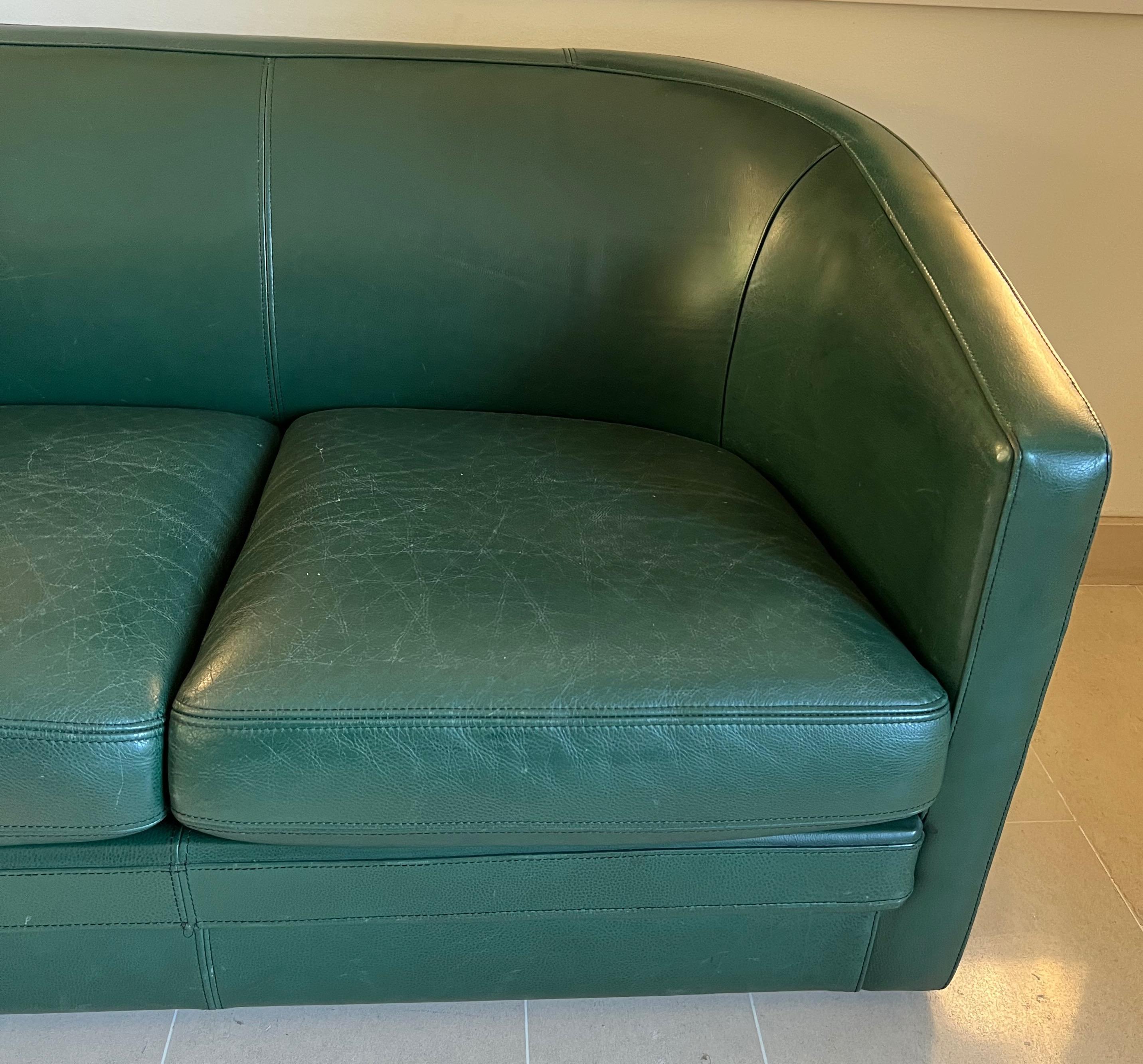 Art Deco Style Green Leather Two Seats Sofa. Circa 1980 1