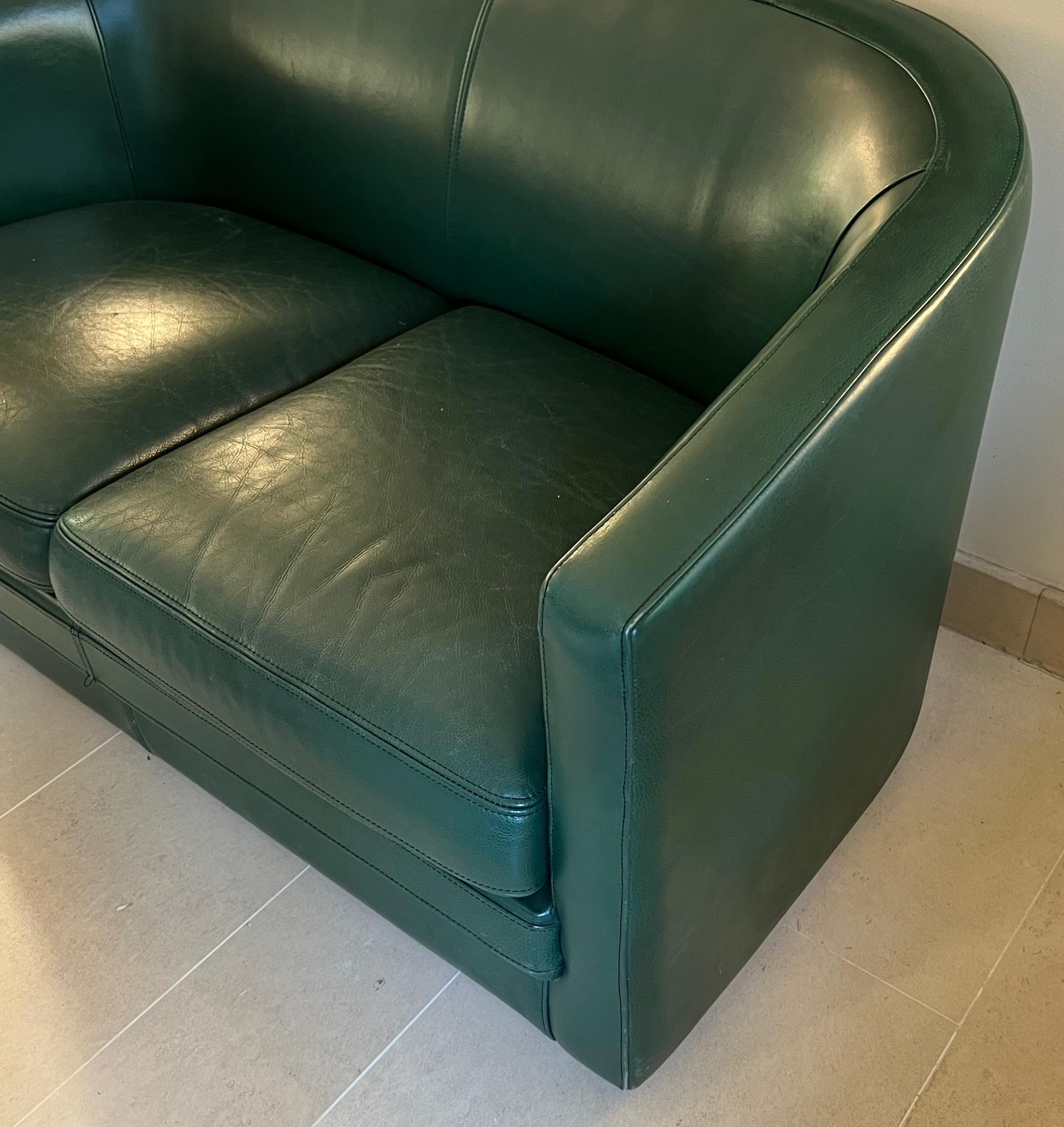 Art Deco Style Green Leather Two Seats Sofa. Circa 1980 2