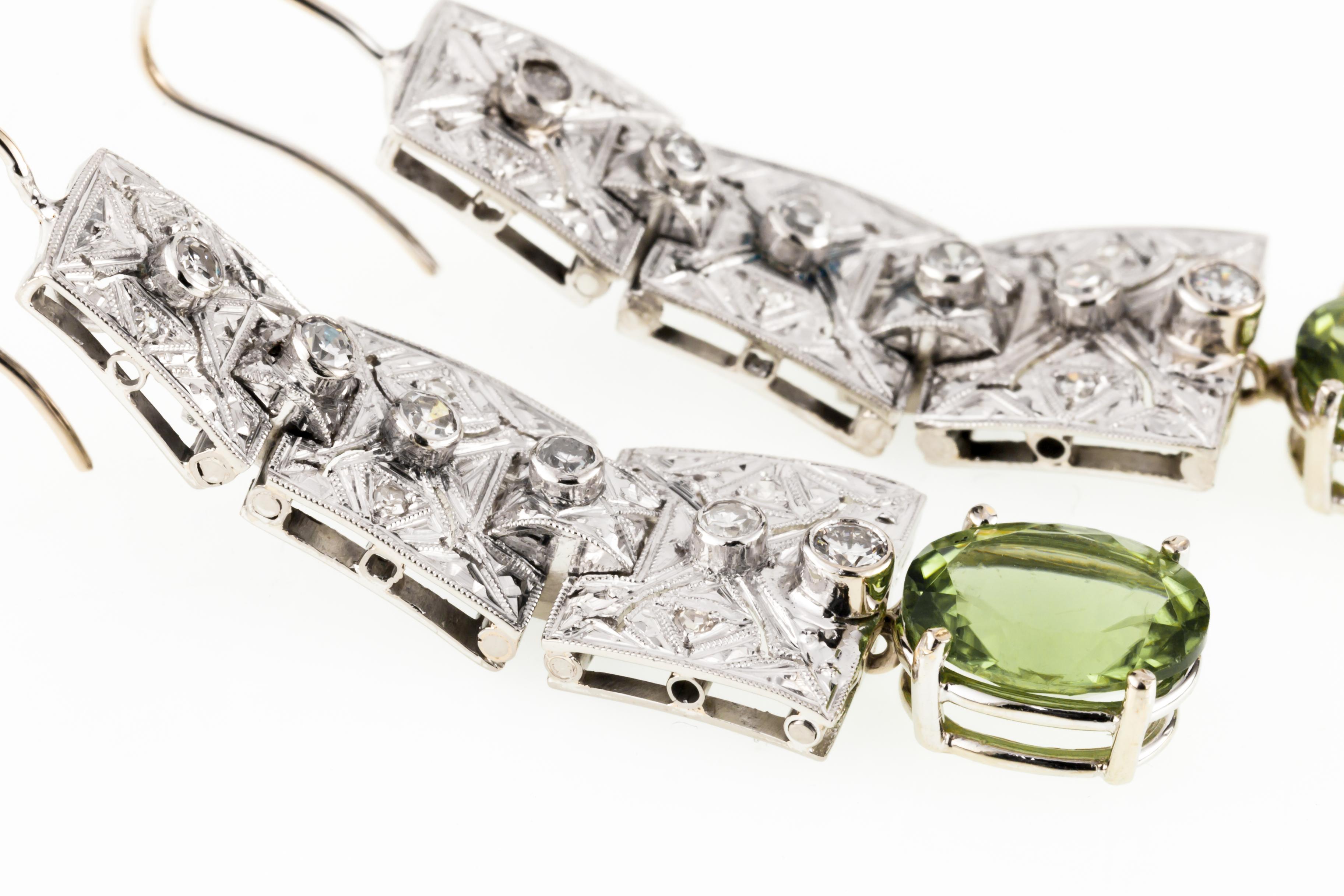 Art Deco Style Green Peridot and Diamonds Dangle Earrings Set in 14 Karat Gold For Sale 6
