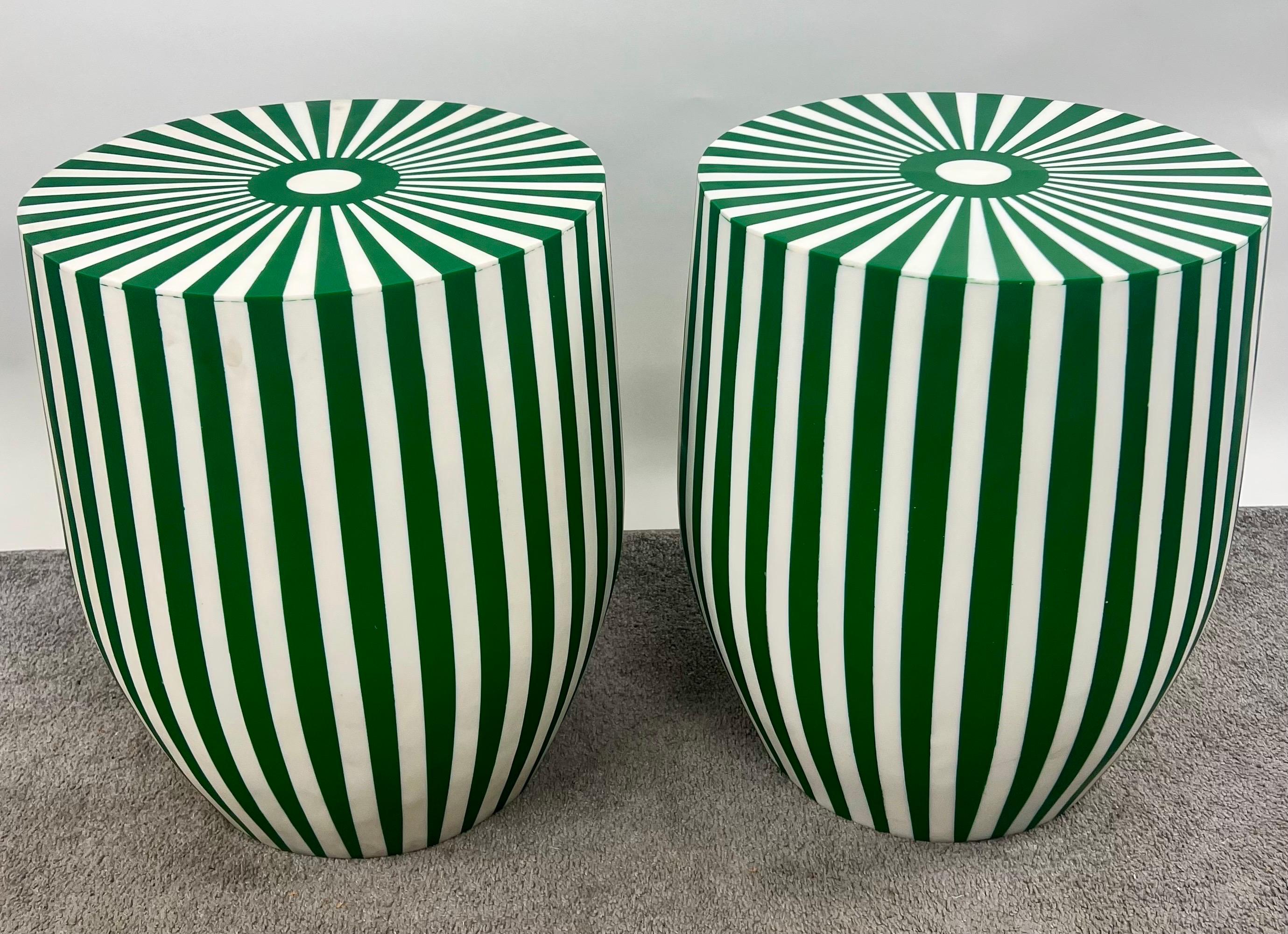 Hand-Carved Art Deco Style Green & White Cylindrical Resin Side, End Table or Stool, a Pair For Sale