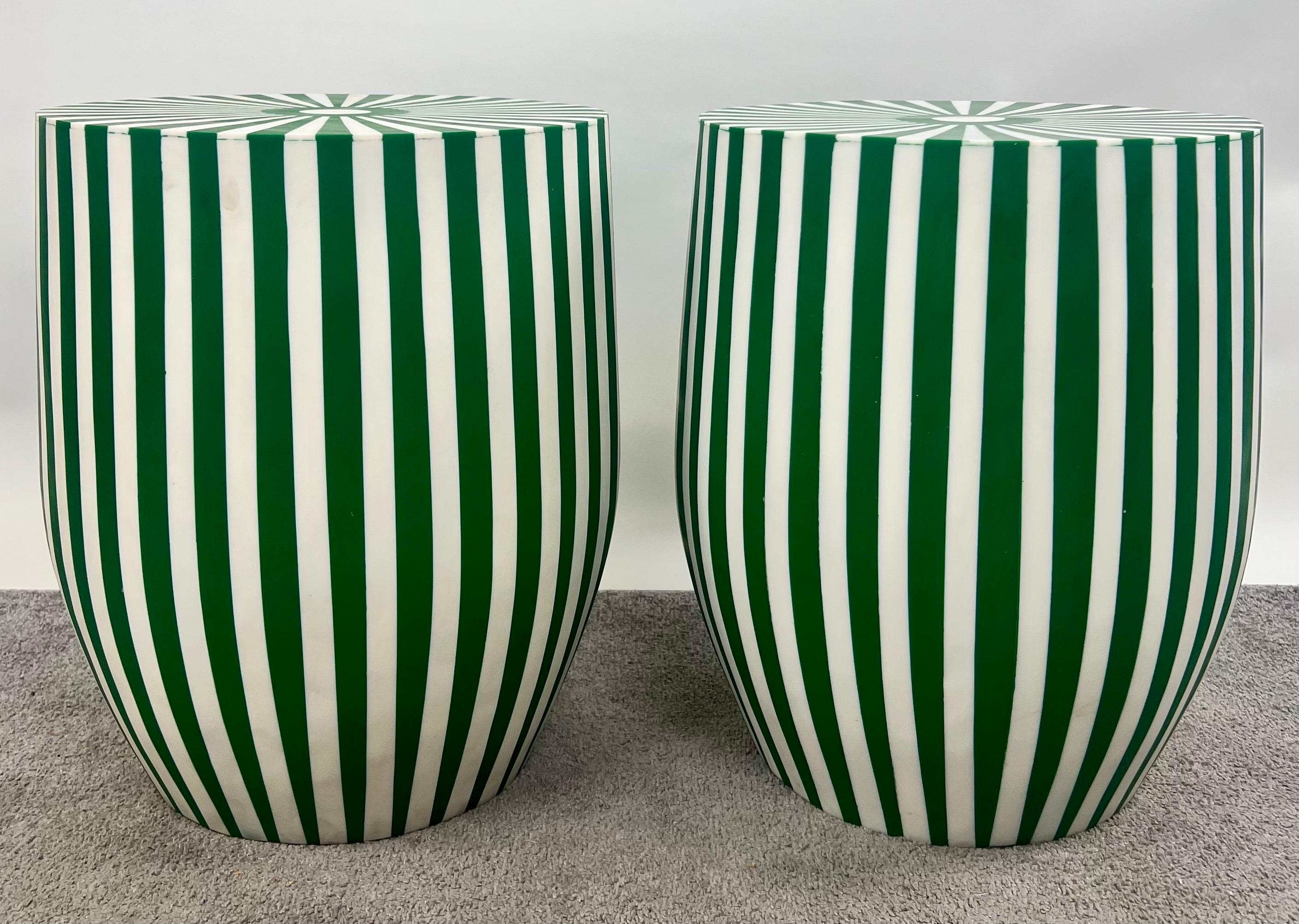 Art Deco Style Green & White Cylindrical Resin Side, End Table or Stool, a Pair In Good Condition For Sale In Plainview, NY