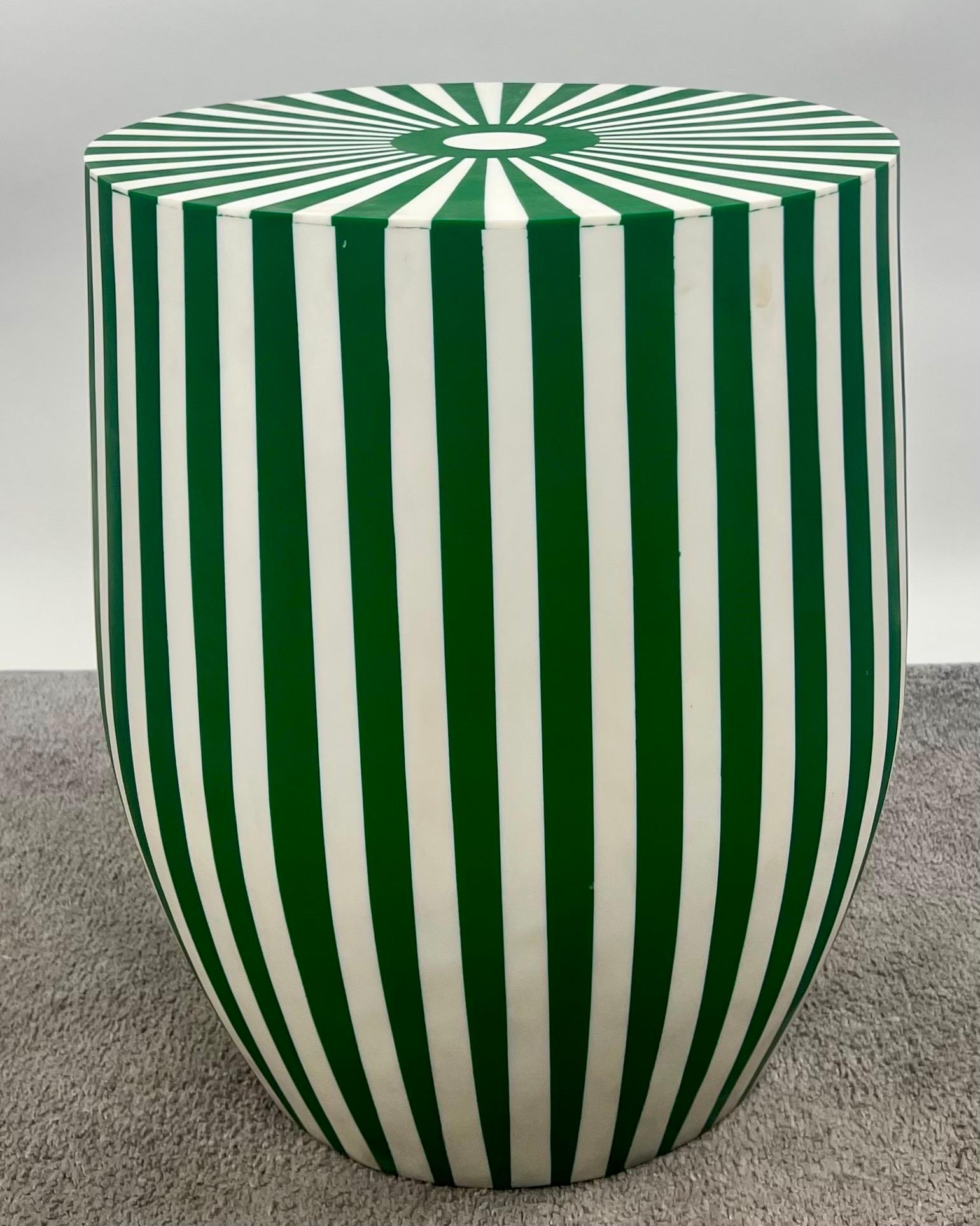 20th Century Art Deco Style Green & White Cylindrical Resin Side, End Table or Stool, a Pair For Sale