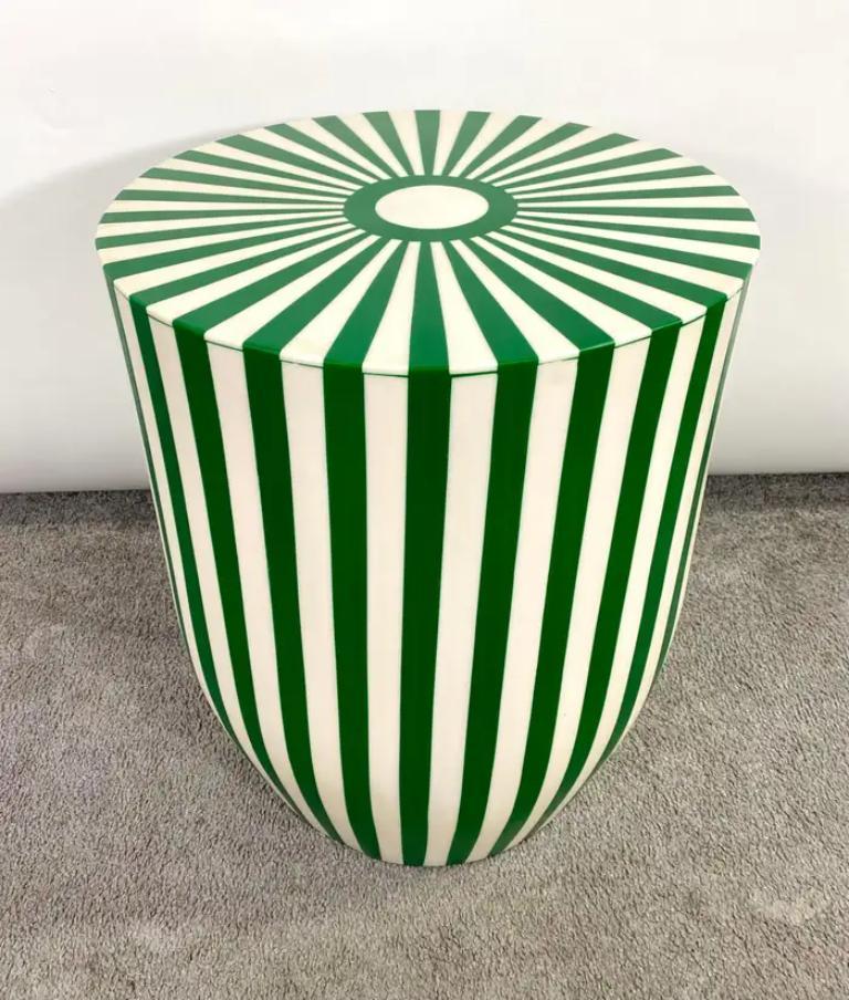 Art Deco Style Green & White Cylindrical Resin Side, End Table or Stool, a Pair For Sale 3