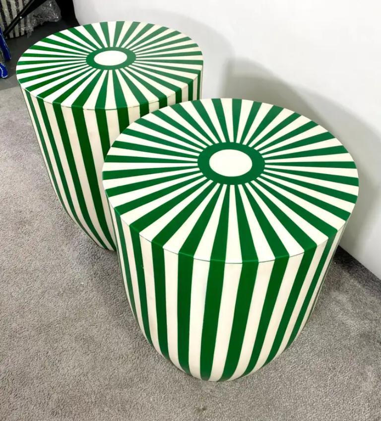 Art Deco Style Green & White Cylindrical Resin Side, End Table or Stool, a Pair For Sale 4