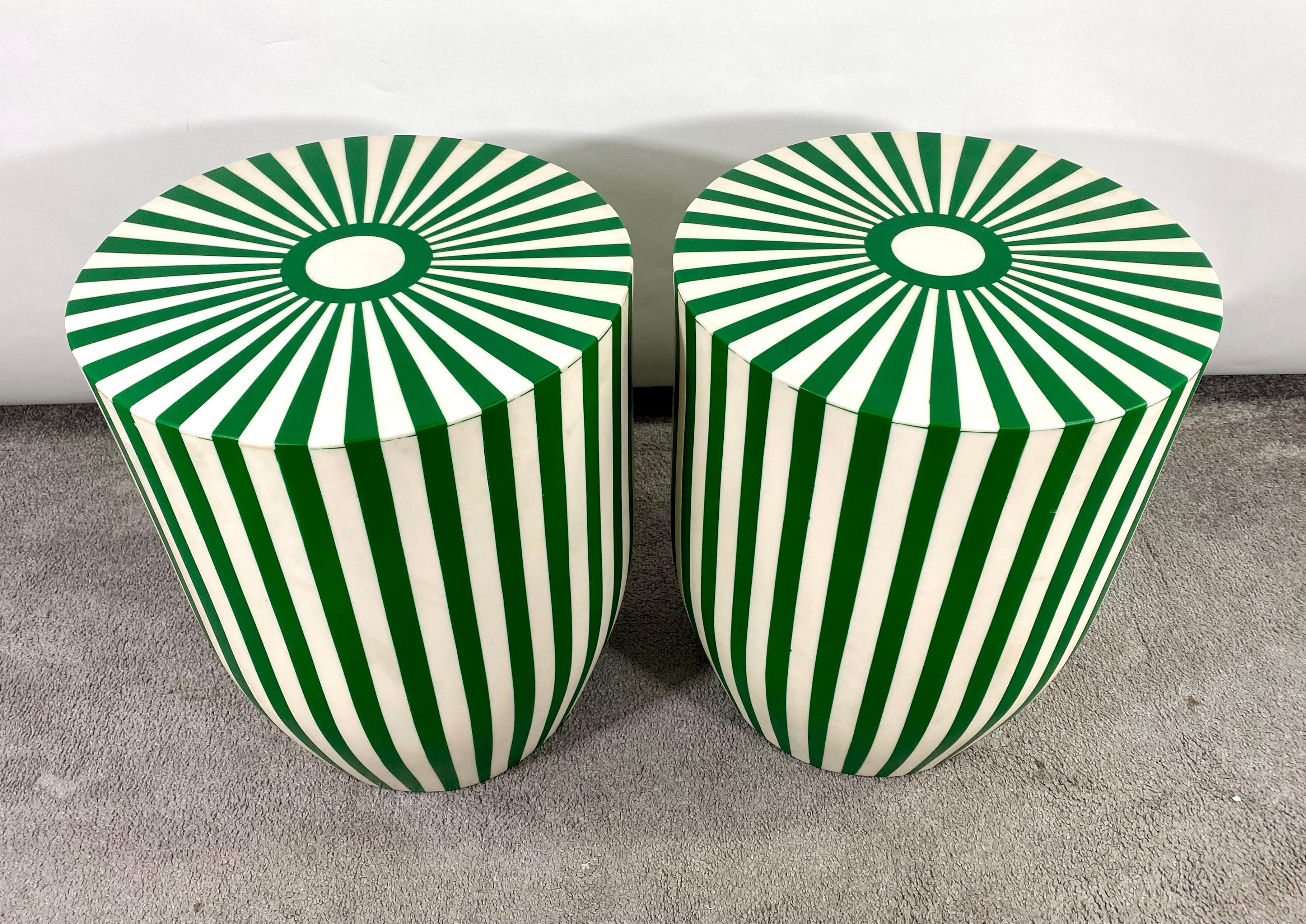 Art Deco Style Green & White Resin Side, End Table or Stool, a Pair In Good Condition For Sale In Plainview, NY