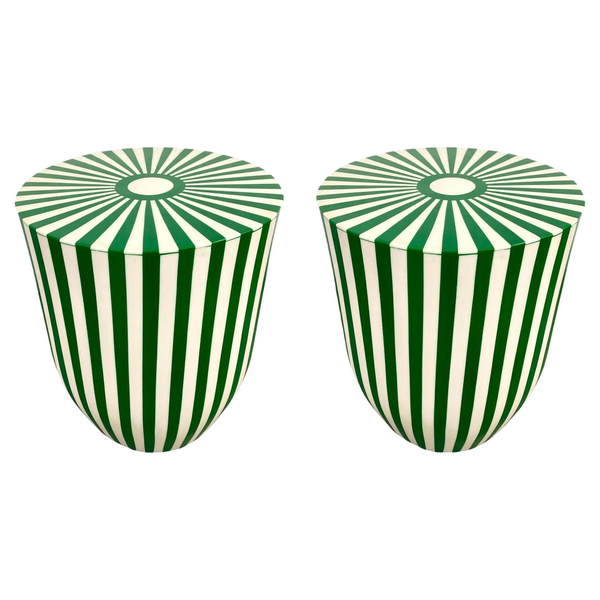 Art Deco Style Green & White Resin Side, End Table or Stool, a Pair For Sale