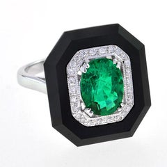 Art Deco Style Green Zambian Emerald & Diamond Black Onyx White Gold Shield Ring